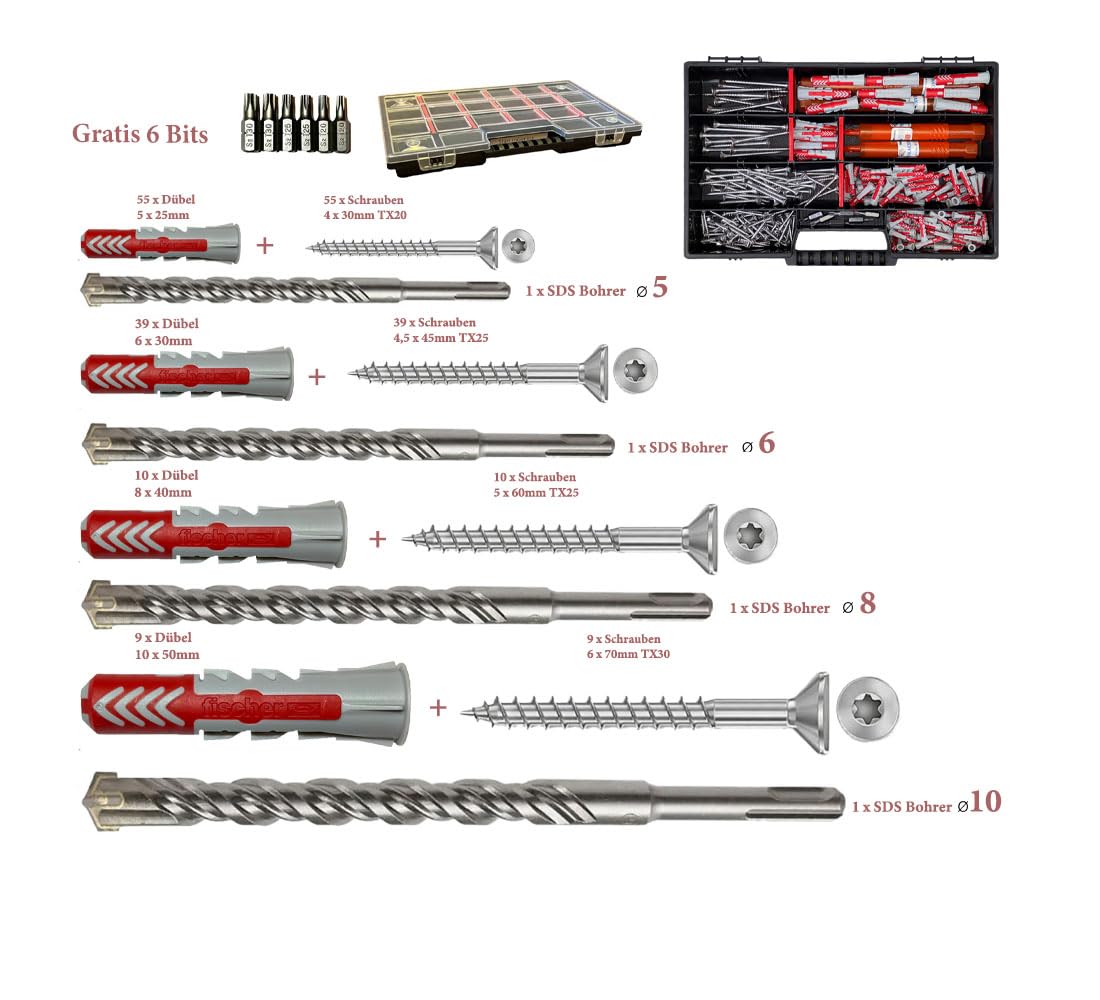 FRACKMANN Juego de tornillos de acero inoxidable V2a, 240 piezas, incluye tacos Fischer DuoPower, tamaños 5 x 25 hasta 10 x 50 mm, en maletín surtido, con 6 puntas Torx – SDS estrella hormigón broca