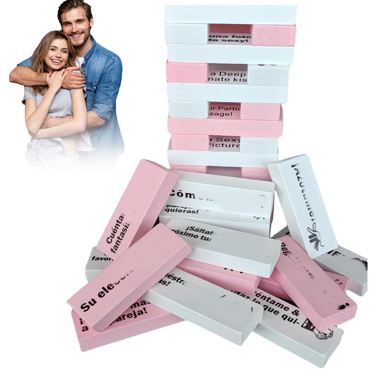 XUDUOO Couples Games Lust Tumbling Tower Games for Adults, 48 Pieces Wooden Naughty Game, Indoor Party Fun, Valentine Stacking Blocks Gifts for Adults Night Party Game (Pink)