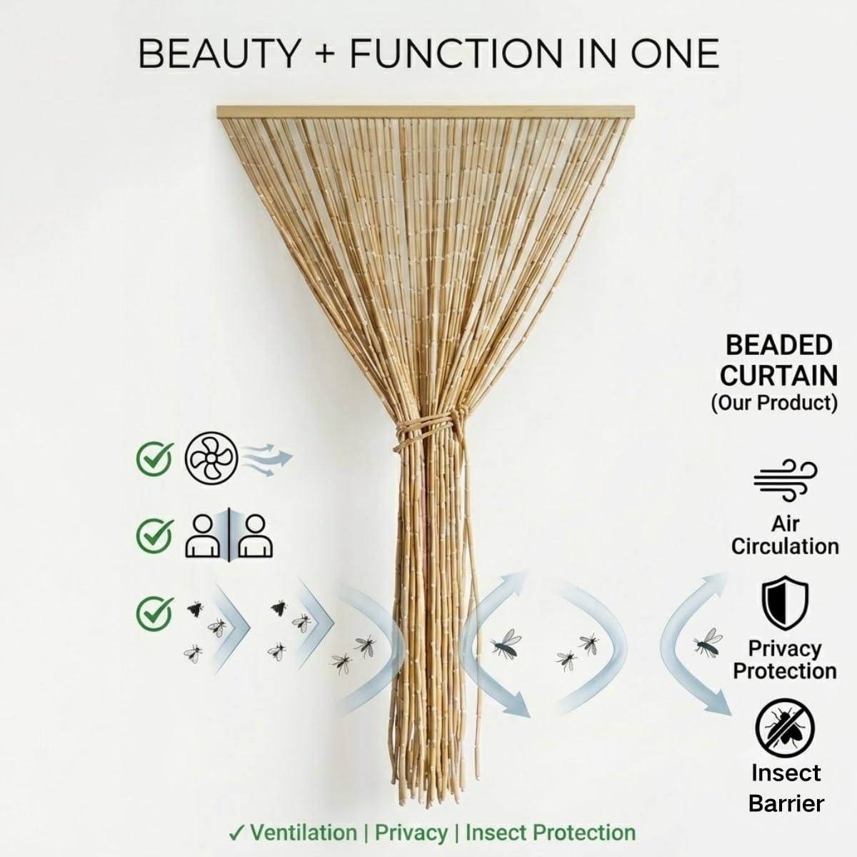 Rideau de Perles en Bois et Bambou Fait Main Rideau de Porte Décoratif Naturel, Séparateur de Pièce Rétro et Élégant, Idéal Pour Appartement, Cuisine, Salon, Café(Original Wood,90x200cm)