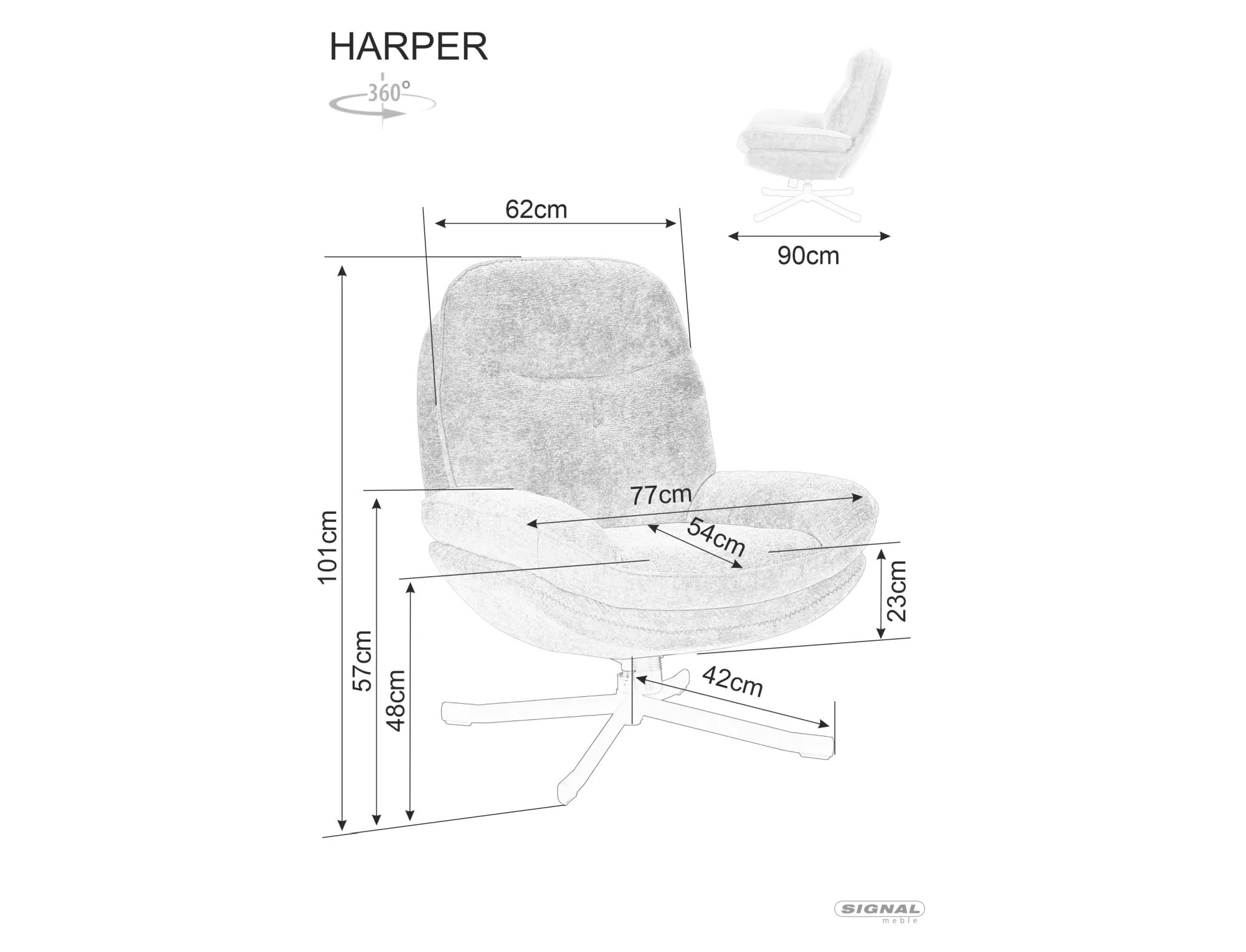 Harper, Drehsessel, Grau, 360° Drehfunktion, Ergonomische Rückenlehne, Stoff/Metall, 101 cm Höhe, Belastbar bis 150 kg