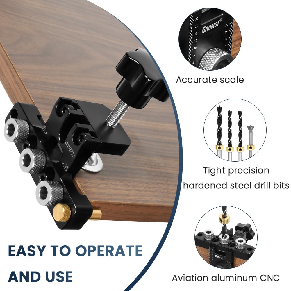 Flintronic Dima per Spinatura Legno, 8/10/15 MM Spinatrice per Legno, 3 in 1 Dima per Fori a Tasca, con clip di posizionamento di regolabile Localizzatore Guida di Perforazione Regolabile