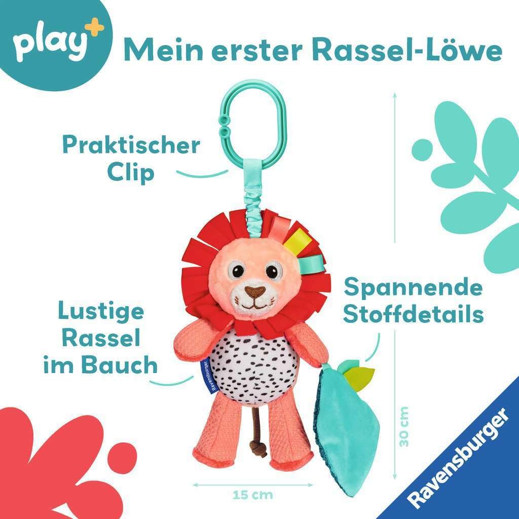 Ravensburger 4850 Play+ Plush Lion Rattle with Rattle, Attachment Clip, Dental Aid, Baby Toy from 0 Months