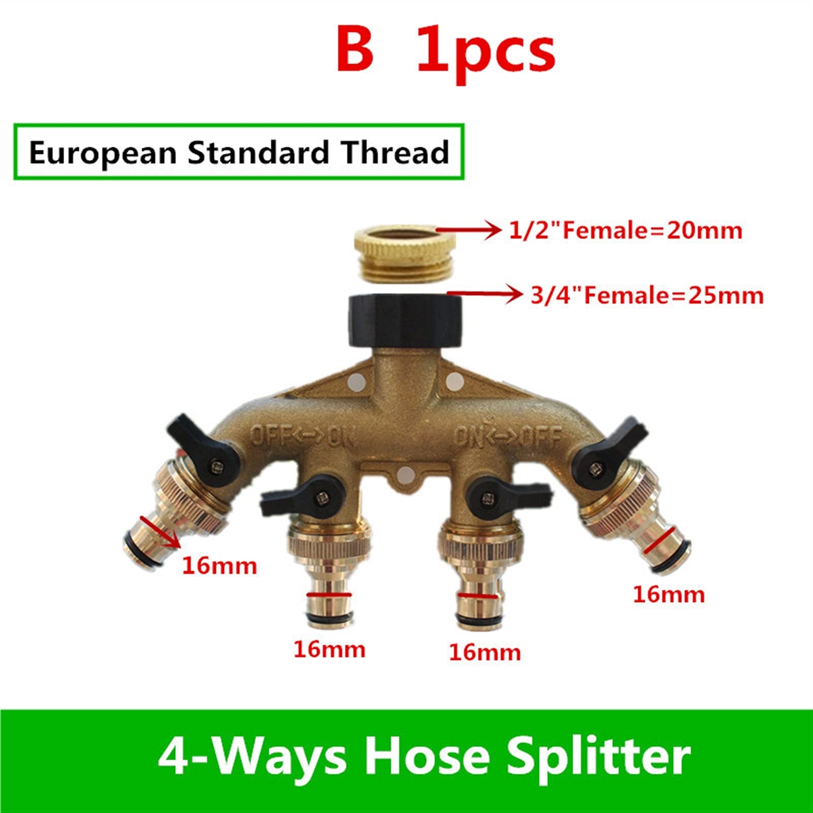 Lnanqing-schlauchverbinder messing 4 Wege Messing-Tap-Adapter Schlauchventil-Verteiler-Schlauch-Splitter-Tap-Adapter Schlauchend-Armaturen vier Kanal-Wasserverteiler, 1pc, Anschluss für Gartenschlauch