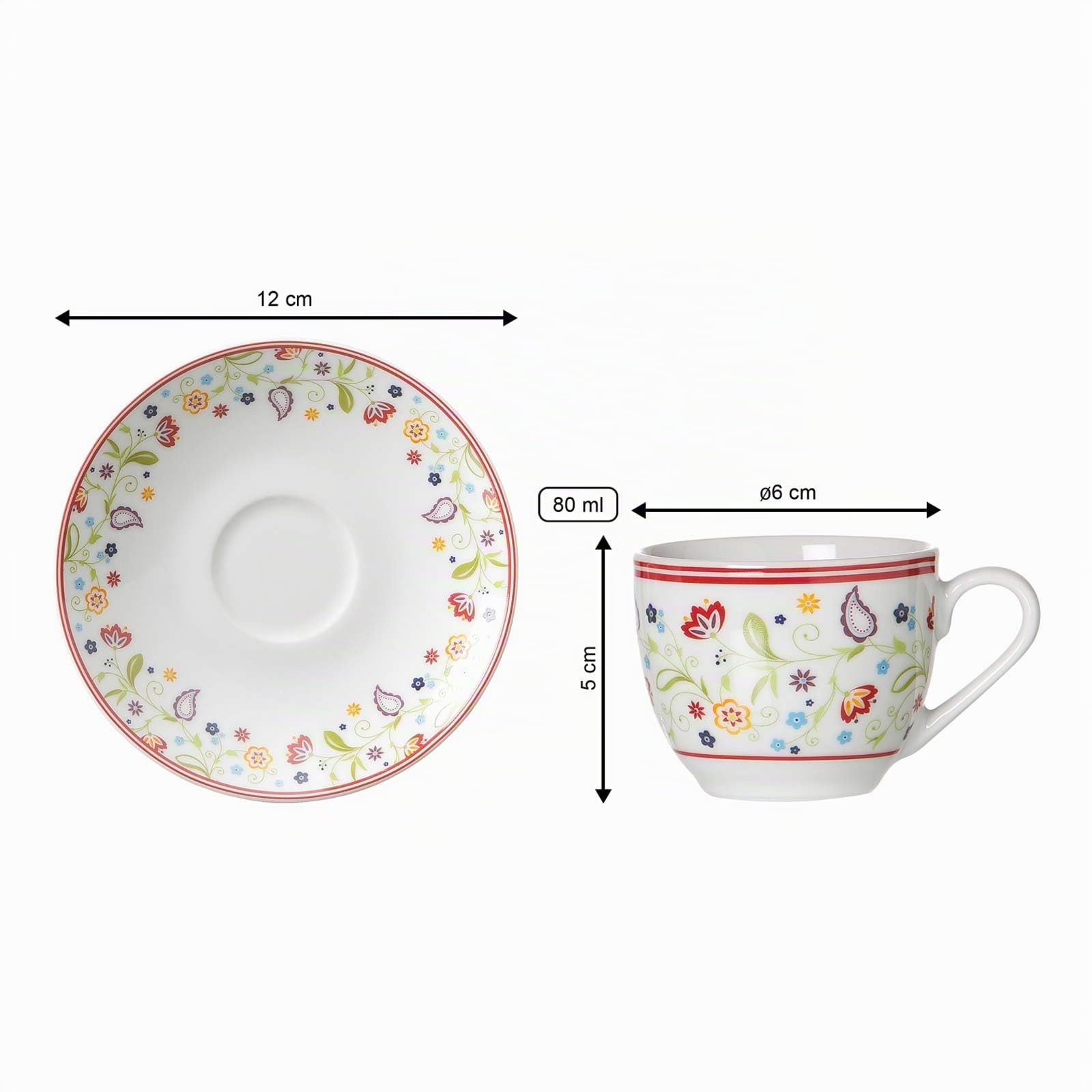 Ritzenhoff & Breker Shanti Espressotassen mit Untertassen 6er Set, 80 ml, Espressoobertassen und Espressountertassen mit floralem Blumen-Dekor, Porzellan, Bunt