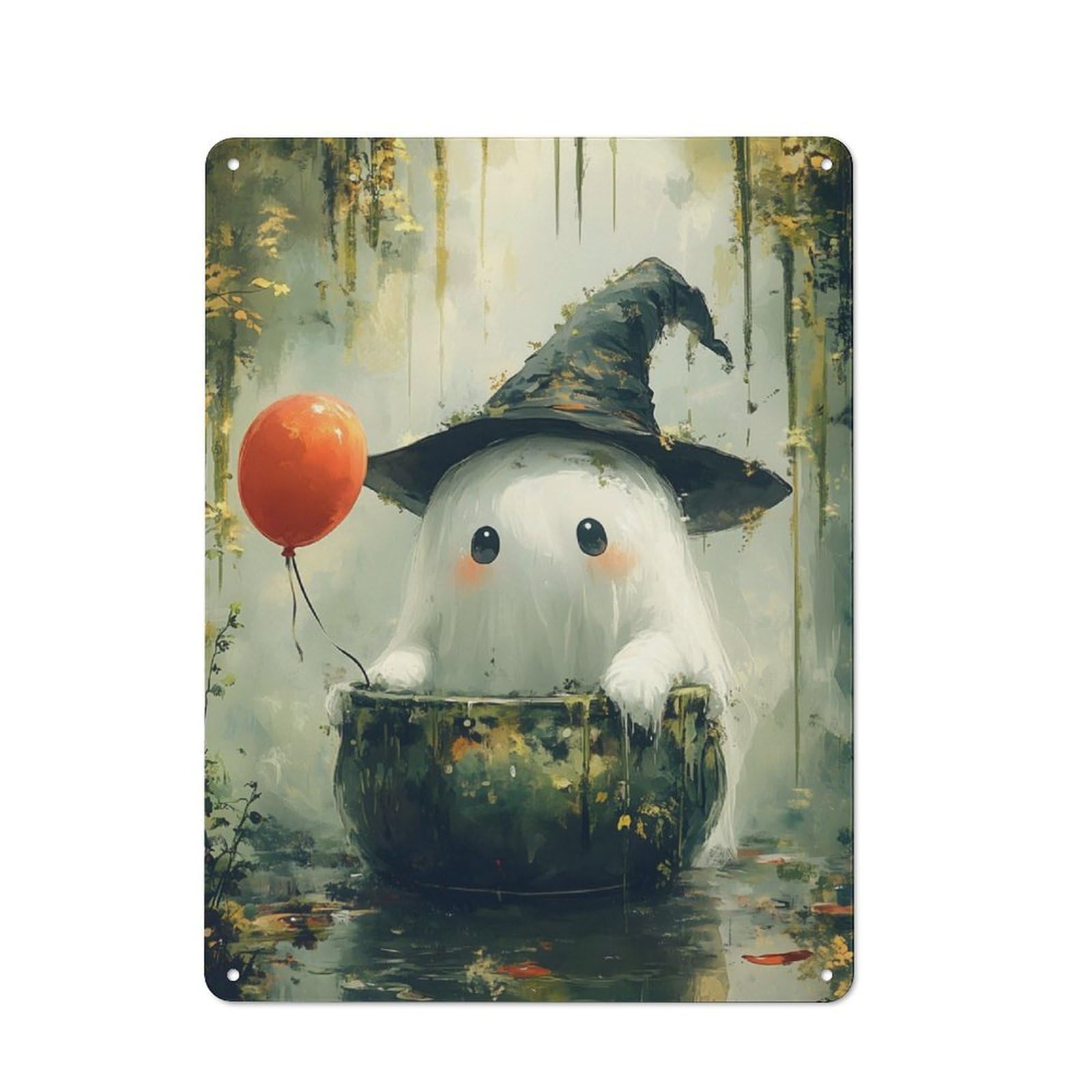 Junmoney Cute Ghost In A Cauldron Metal Wall Sign 40X30cm Featuring For Café Or Restaurant, For An Autumn Wall Display In Café And Restaurant