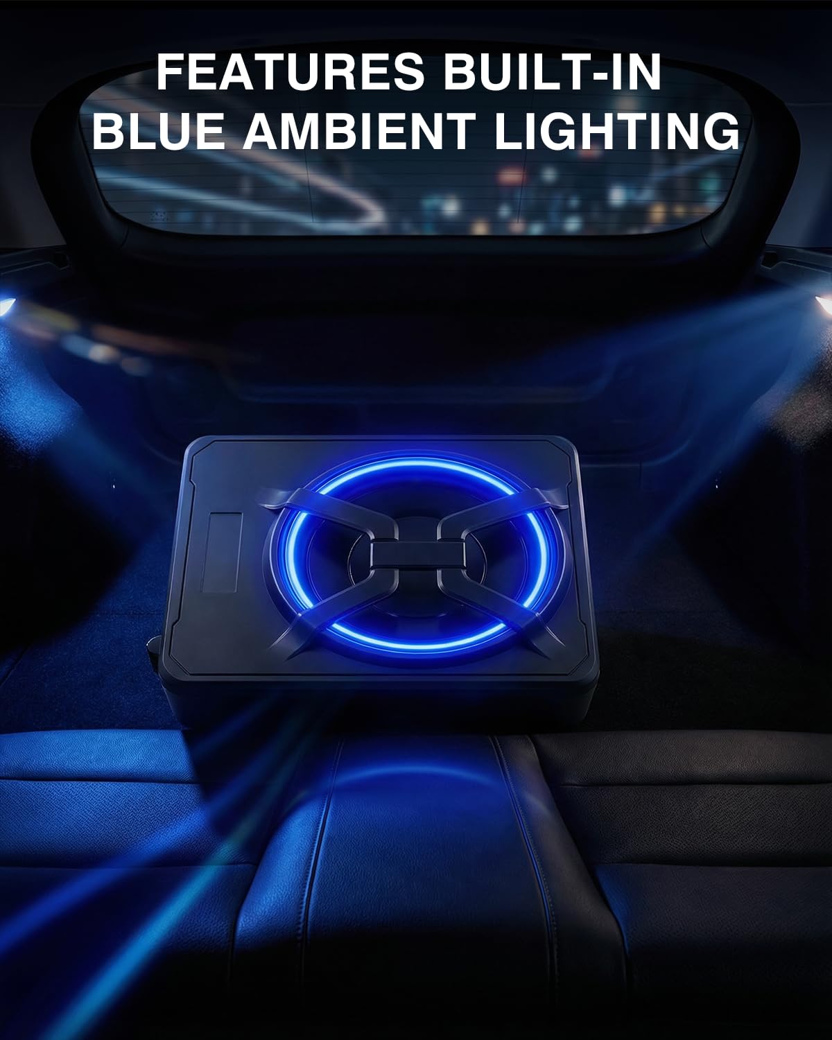 Subwoofer attivo per auto, si adatta sotto i sedili, potenza massima 1200 W, 10 pollici, con illuminazione ambientale, modulo amplificatore integrato, subwoofer compatto e potente.