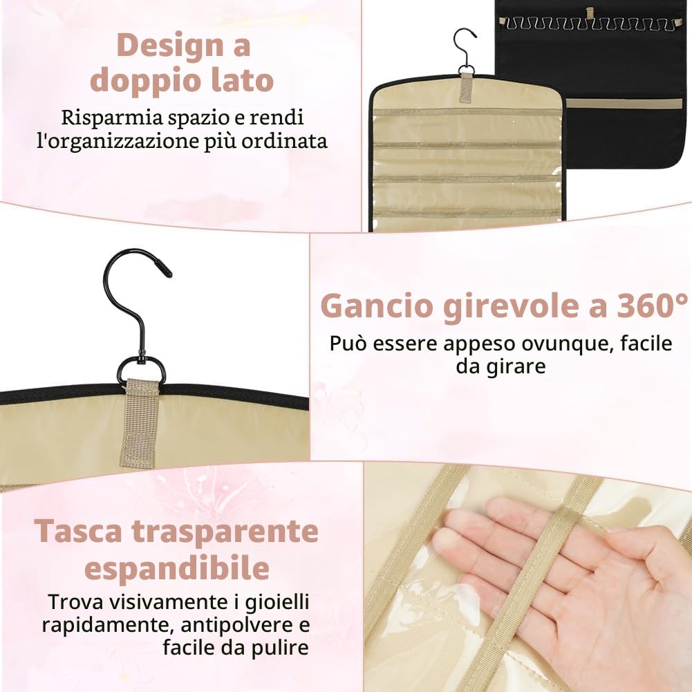 Aucuu Organizer per Gioielli da Appendere, Hanging Jewelry Organizer per Armadio, Storage Doppia Faccia per Gioielli, Porta Orecchini da Parete con 39 Tasche e 3 ganci a Forma di Onda