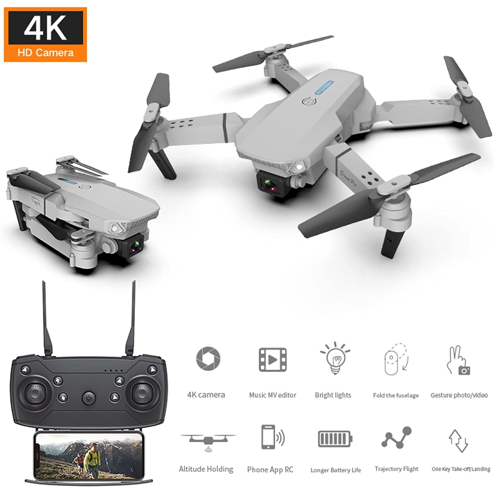 E88 Pro Drone con cámara 4k HD para adultos y niños, FPV vídeo en directo RC Quadcopter para principiantes, plegable RC Quadcopter Helicóptero Niños Juguetes, 3 baterías