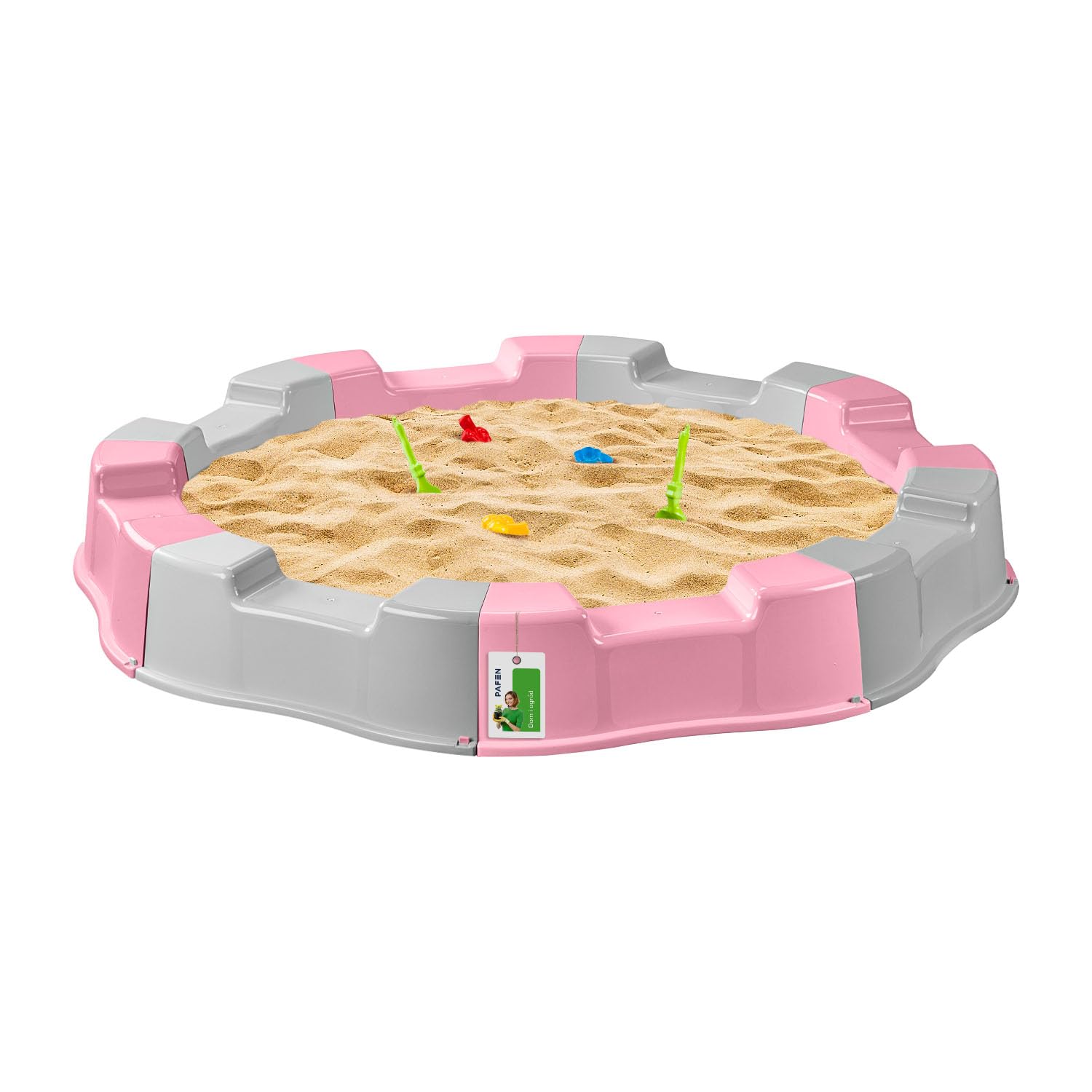 Sandkasten für Kinder mit Spielzeug - 160 x 22 cm - Modularer Sandbox 8 Elemente Runder Sandkiste für Garten Outdoor | Grau/rosa | Kunststoff