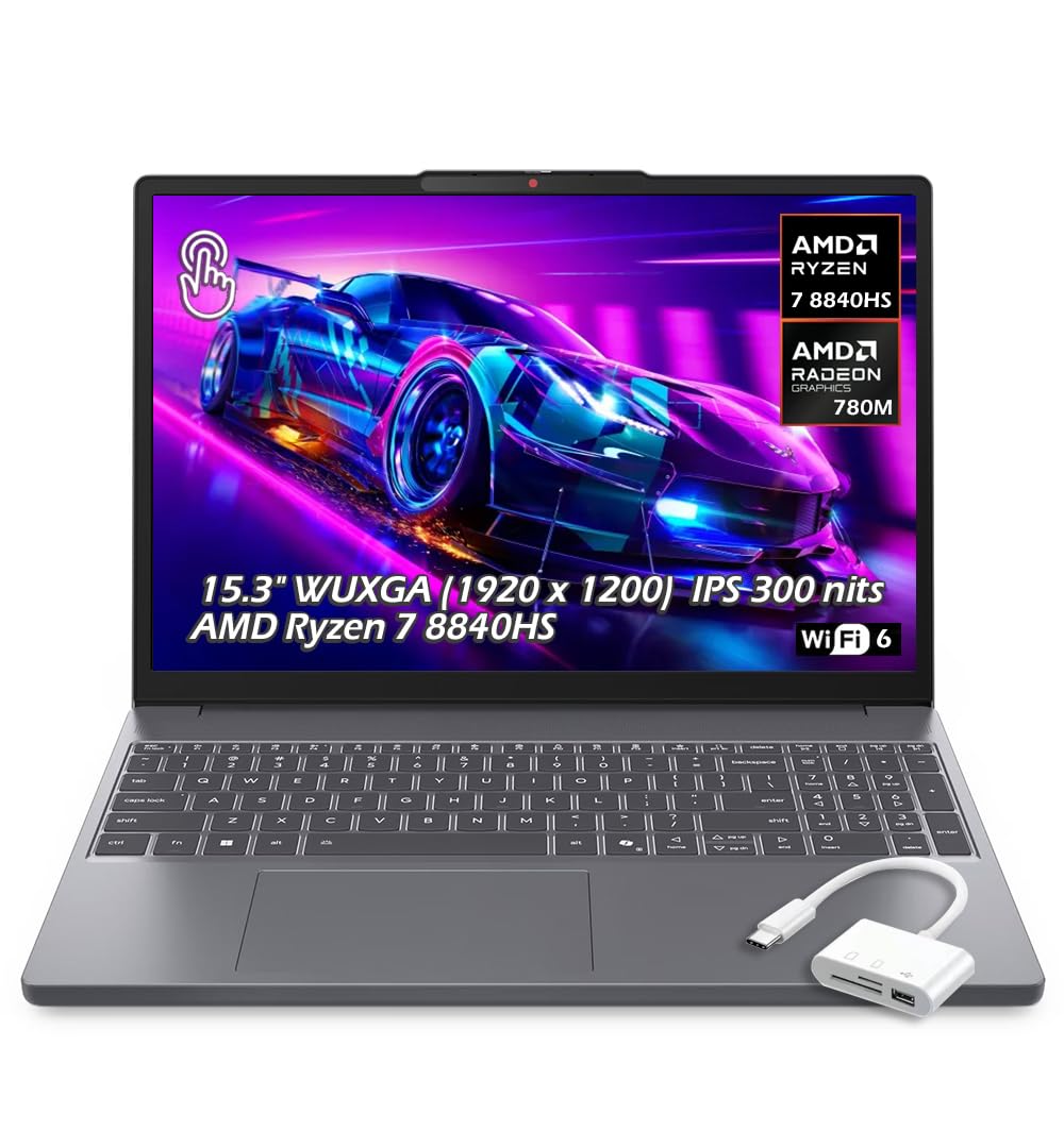 Lenovo IdeaPad Slim 3 Laptop 15.3" WUXGA (1920 x 1200) Touchscreen, Ryzen 7 8840HS, 8-core, AMD Radeon 780M, 16GB DDR4, 1TB SSD, Wi-Fi6, Bluetooth 5.3, Win 11, Luna Grey, w/USB Hub, W/GaLiMu 16GB RAM AMD Ryzen 7 8840HS | 1TB SSD