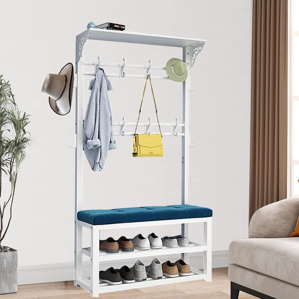 MYUYEE Coat Stand With 2-Tier Shoe Racks, Metal Coat Rack With Shoe Bench And Shelf, Free Standing Hall Tree With Hooks, Easy To Assemble For Entryway Hallway Bedroom-80/100Cm(B-100Cm)