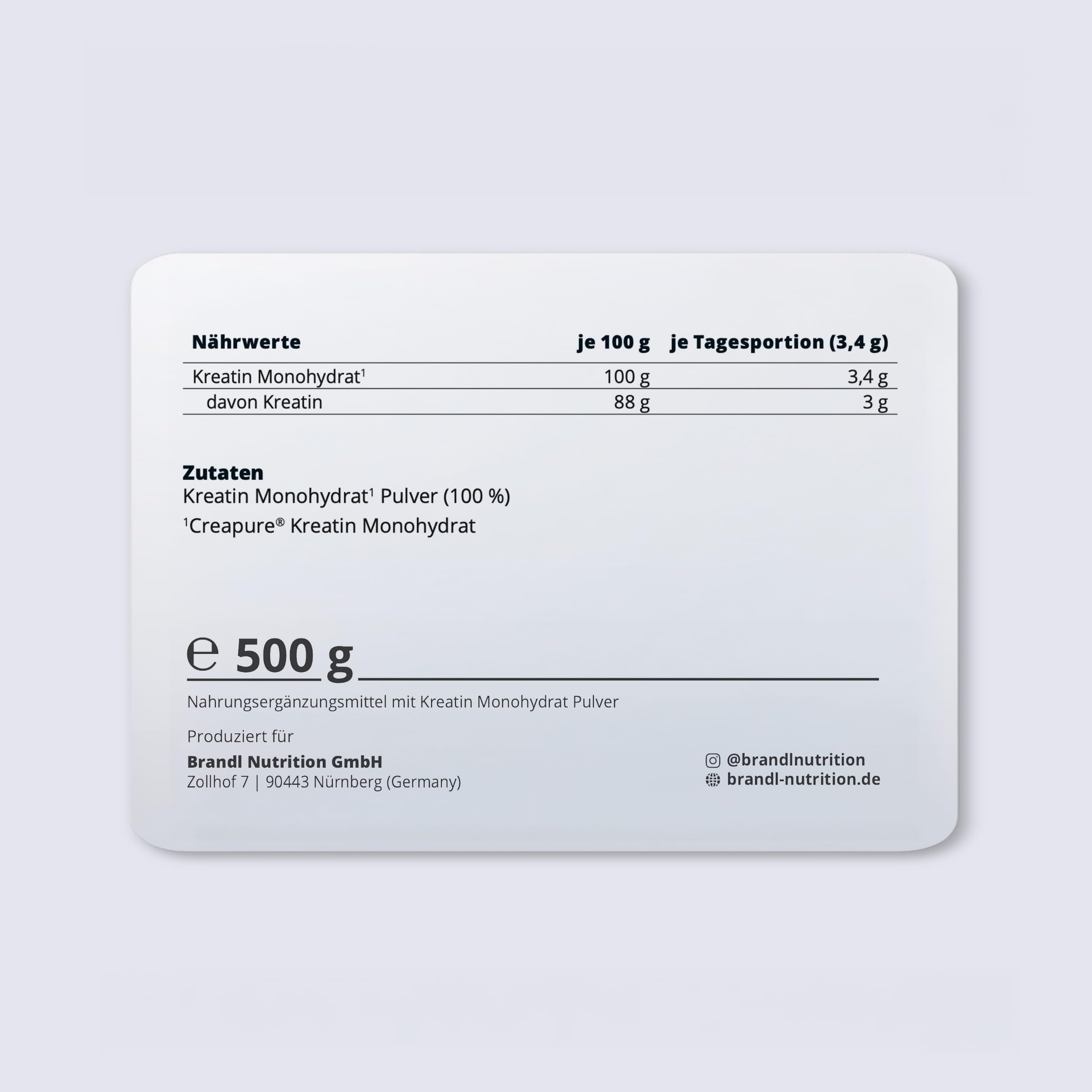 Kreatin Pulver Monohydrat CREAPURE 500g – 100% made in Germany – vegan, perfekte Löslichkeit & unabhängig laborgeprüft – Creatin/Kreatinpulver für Männer & Frauen ohne Zusatzstoffe von brandl