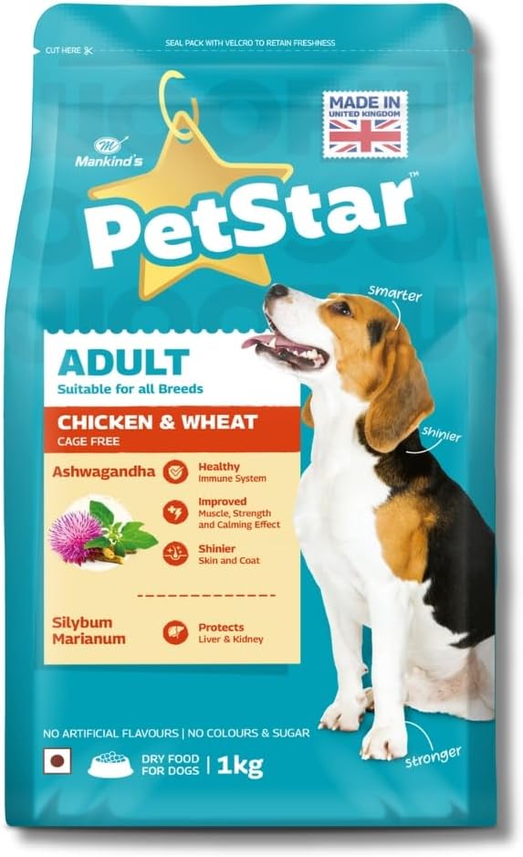 Mankind Petstar Adult Dry Dog Food (High Protein) Chicken & Wheat Flavor, 1kg | Improves Muscle & Strength, Supports Immunity, Protects Liver & Kidney| Adult Dog Food