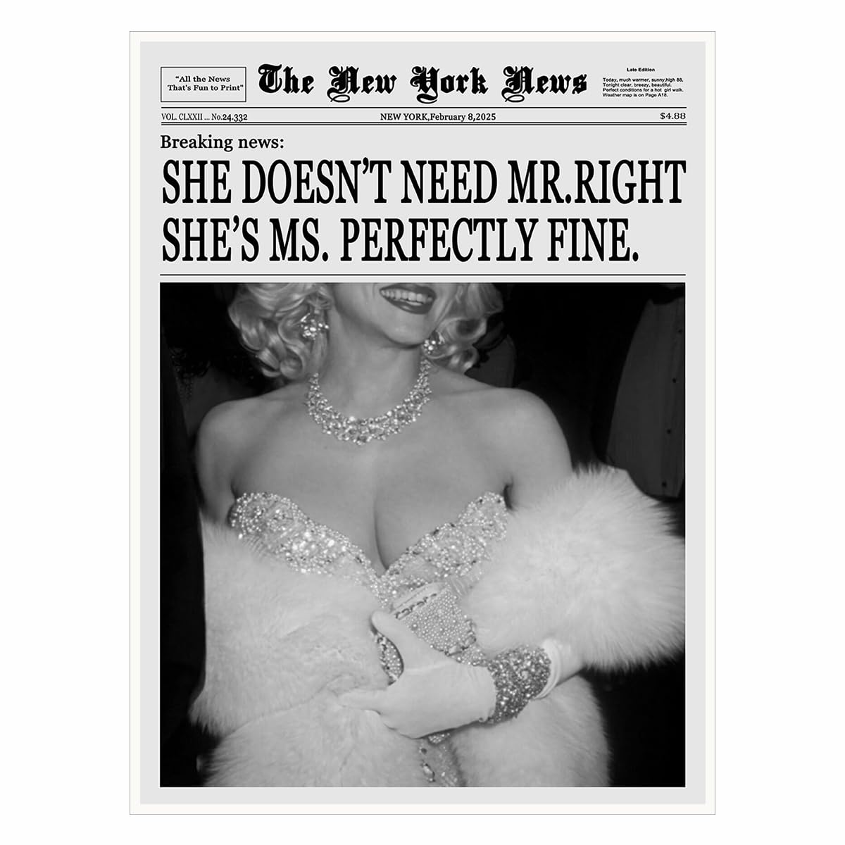 Funky New York Newspaper Wall Art She Doesnt Need Mr Right Shes Ms Perfectly Fine Vintage Black and