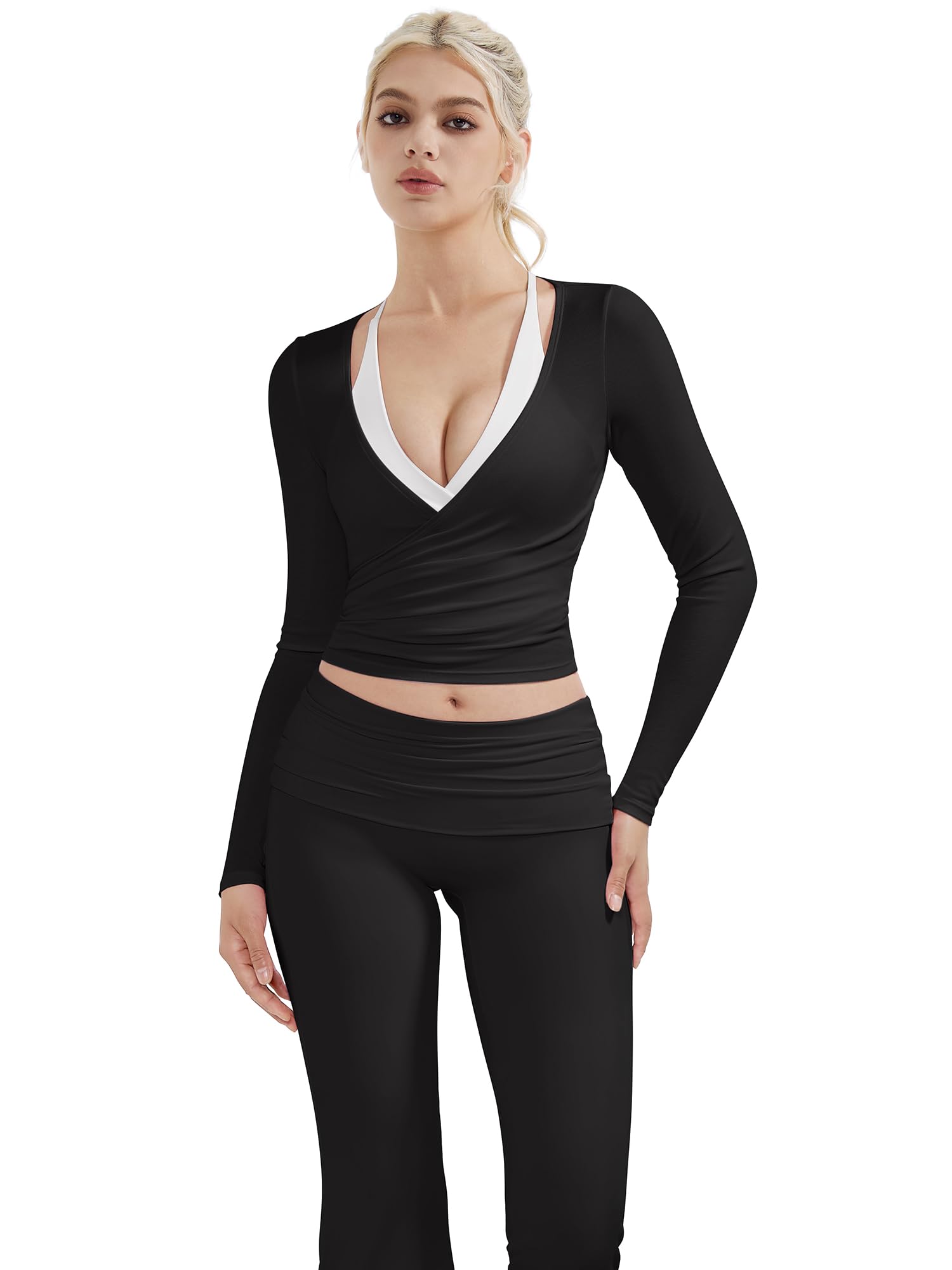 SUUKSESS Women Pilates Wrap Workout Cropped Top Ribbed Long Sleeve V Neck Tie Front Ballet Yoga Shrug Blouse