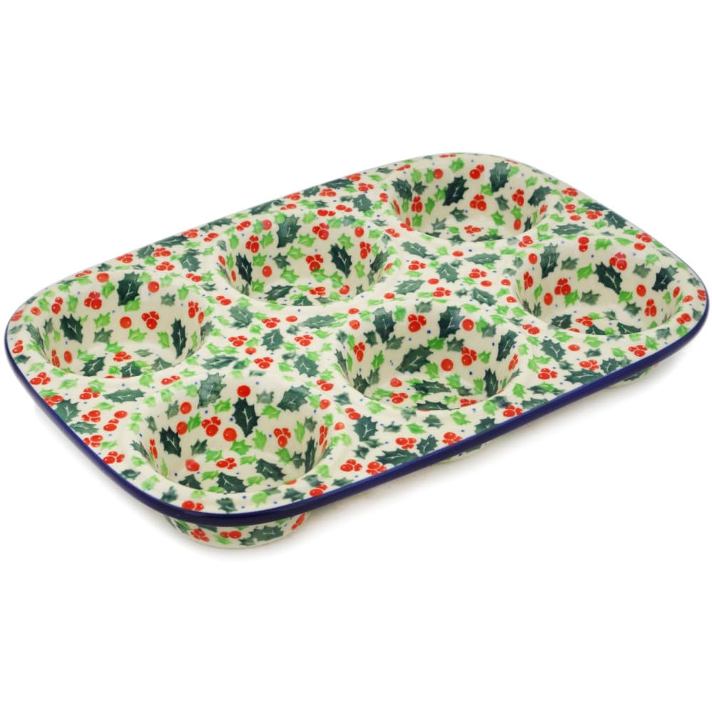 Authentic Polish Pottery Muffin Pan Signature UNIKAT in Festive Berries Design Handmade in Boles?awiec Poland by Ceramika Artystyczna + Certificate of Authenticity