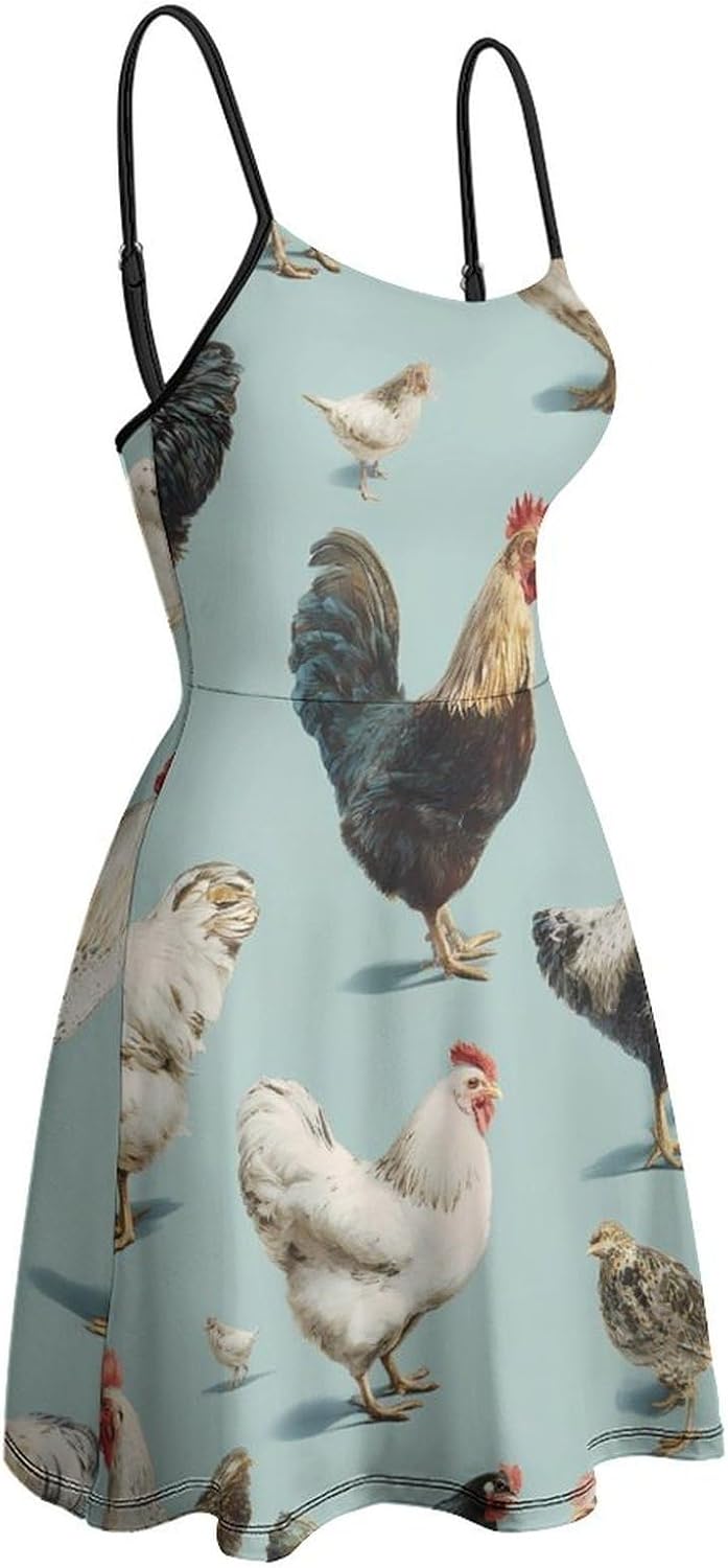Chicken Happy Short Cami Dress for Women Adjustable Spaghetti Strap Flowy Sundress Beach Vacation
