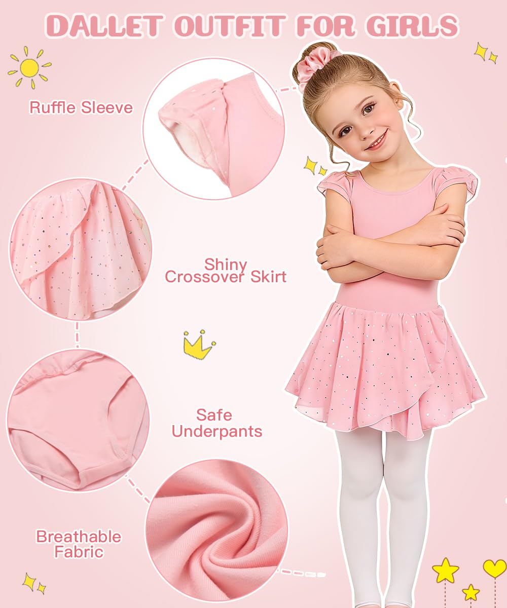 Justaucorps Danse Fille, Ensemble Ballet avec Tutu à Paillettes, Chouchou & Collants Blancs, Tenue Danse Classique Enfant pour Cours de Ballet 4–9 Ans