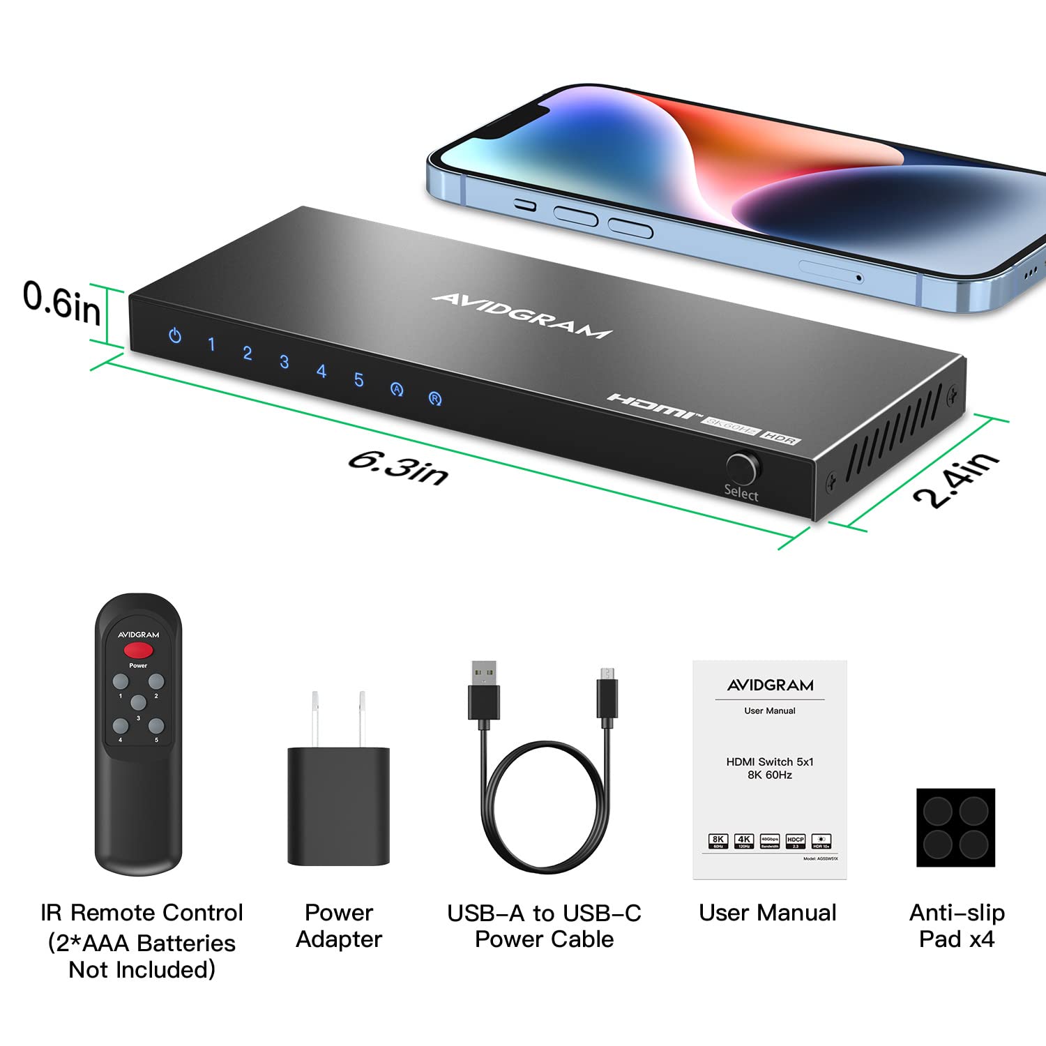HDMI 2.1 Switch 4K 120Hz, AVIDGRAM 8K HDMI Umschalter 5 In 1 Out mit IR-Fernbedienung, Selector Switcher 5 Port Auto Selector Hub Unterstützung 8K 60Hz 48Gbps VRR HDCP2.3 HDR10 für Xbox Series X PS5