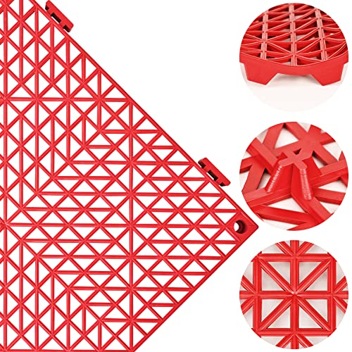 Image of ToLanbbt Modular Interlocking Cushion 12P 11.8 inch x 11.8 inch Interlocking Rubber Floor Drain Holes Non-Slip Splicing Drainage Mats for Deck, Shower, Kitchen, Drain Pool, Sauna Bath, Indoor Outdoor (Red)