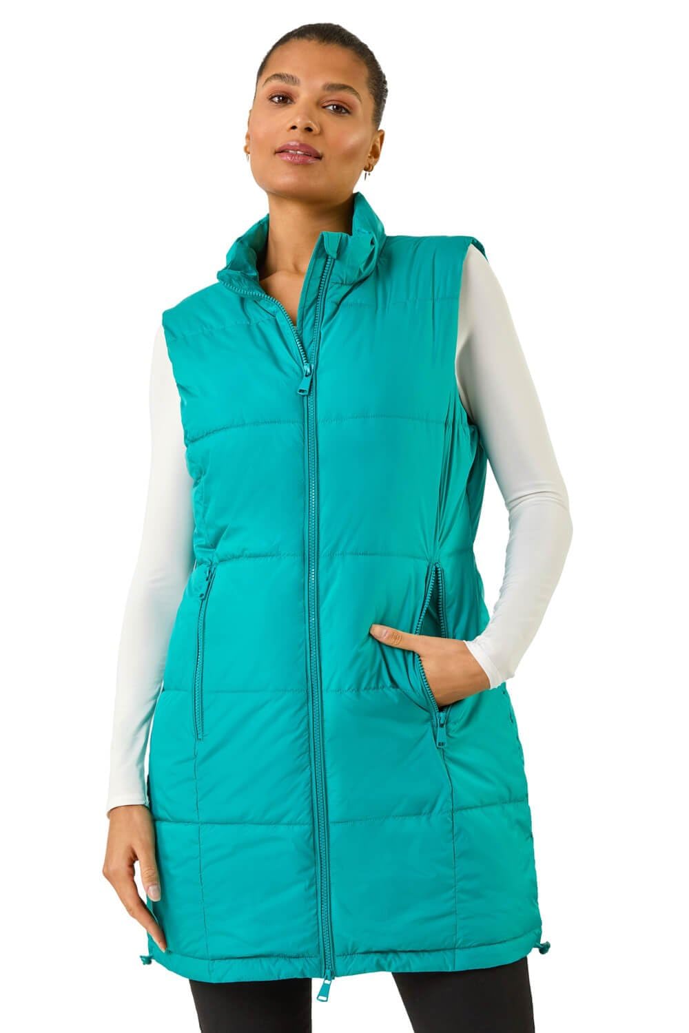 Roman Originals Women's Teal Quilted Zip Detail Longline Gilet For Uk - Everyday Holiday Spring Summer Funnel Neckline Comfy Soft Evening Vacation Work Party - Size 14