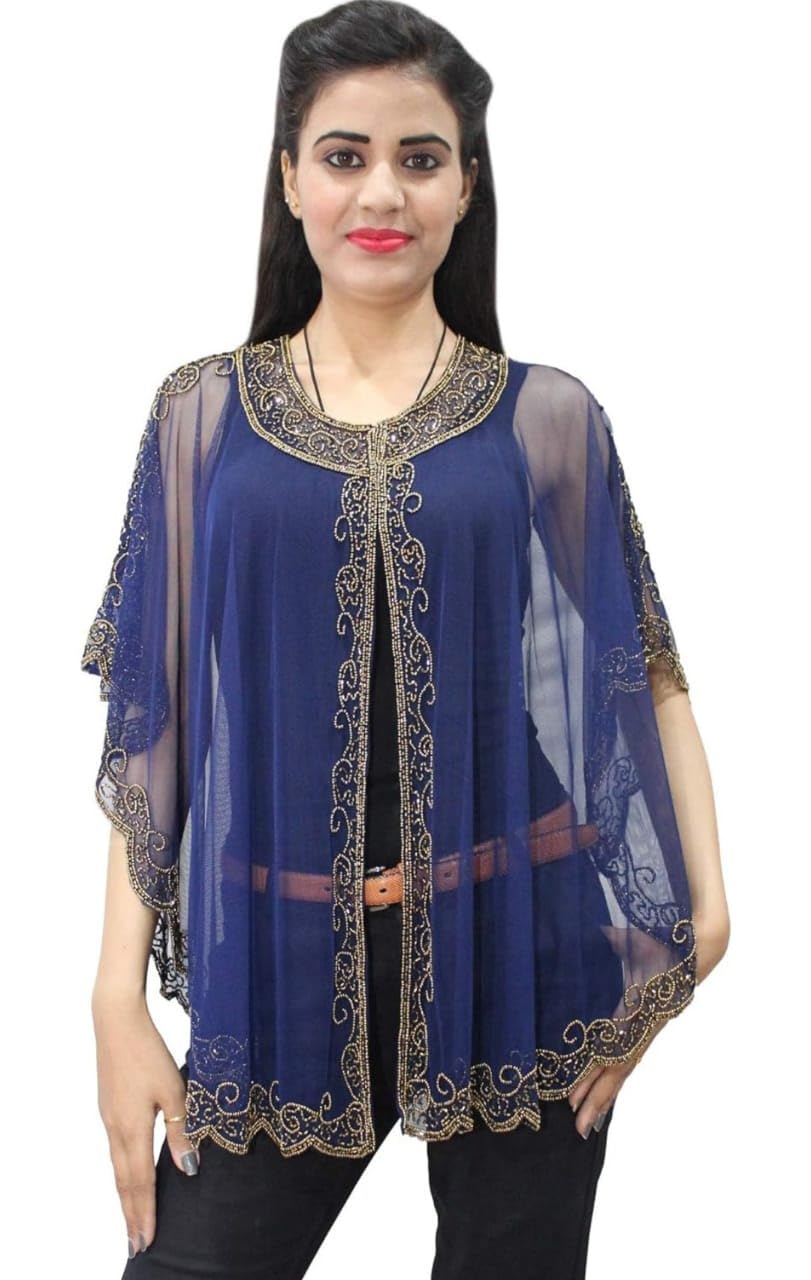 King Fashion Women's Net Hand Bead Embroidery Designer Short Cape Poncho (Blue Silver)-image-16