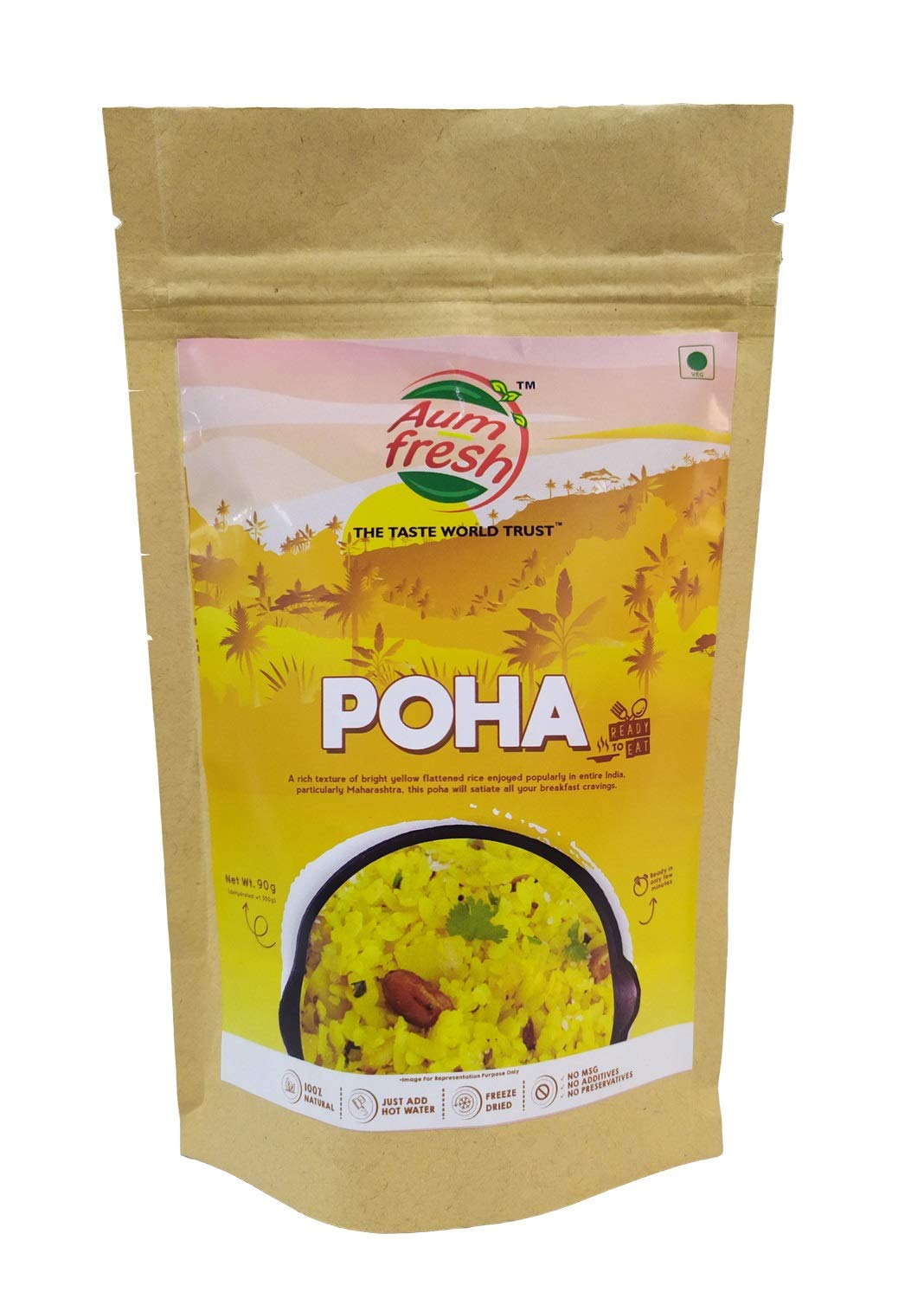 Aum Fresh Ready to Eat Poha 90gm | Freeze Dried - Instant Poha | Serves Two | Travel Friendly Pack