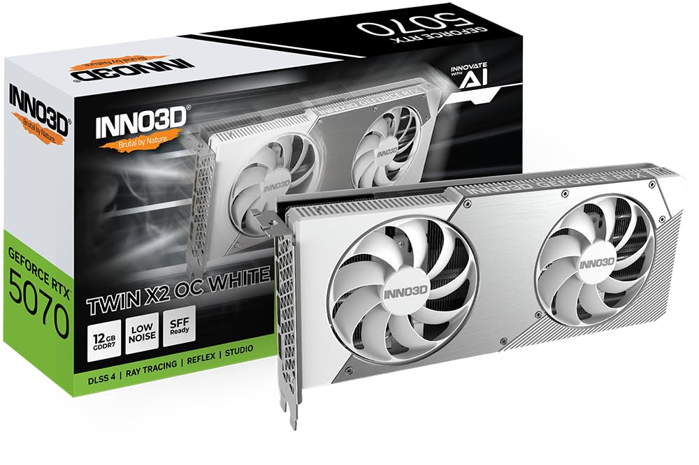 INNO3D Tarjeta gráfica NVIDIA GeForce RTX 5070 Twin X2 OC 12 GB GDDR7 de 192 bits PCI Express Gen 5 Gaming - N50702-12D7X-195064W (Blanco)