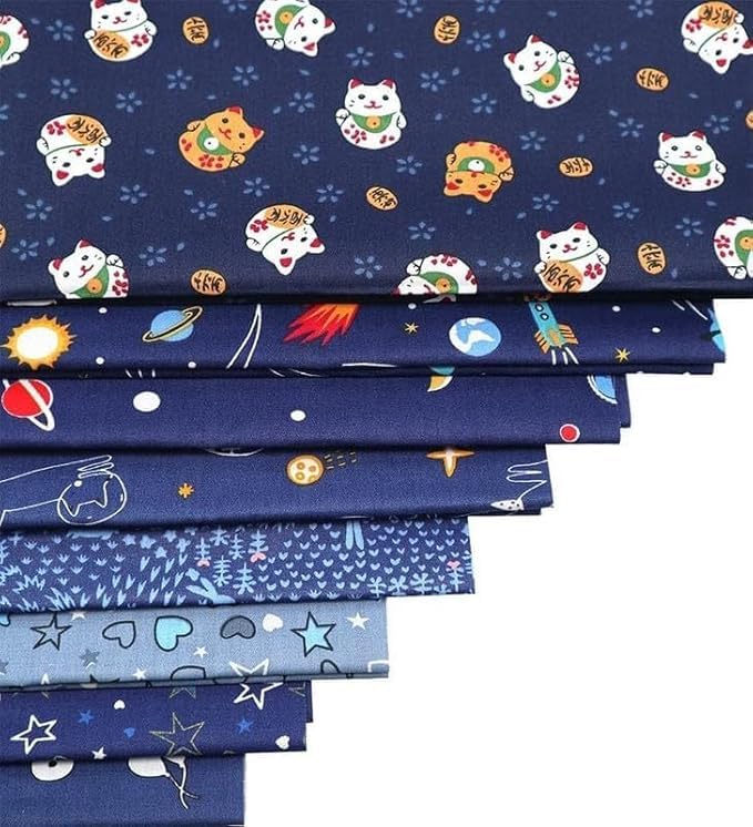 CraftsFabrics 8 pezzi Blu Scuro Cartone Animato Razzo Spazio Bambini Quarti Grassi Twill di Cotone Tessuto Pretagliato Patchwork Quilting Nursery