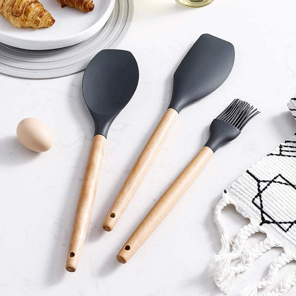 FONGLUAN 3-teiliges Küchenutensilien-Set Aus Silikon – Pfannenwender & Löffel Mit Holzgriff, Spülmaschinenfest