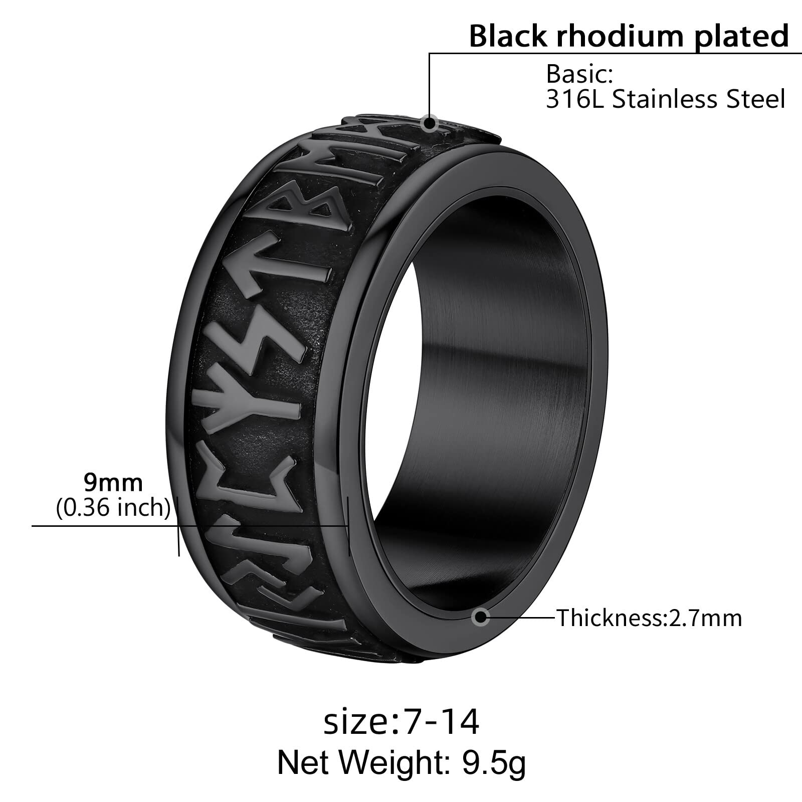Supcare Vichinghi Anello Antistress Uomo Girevole, Anelli Uomo Acciaio Argento/Nero, Misura 14-32 Vintage Anello Personalizzato Incisione con Rune Vichinghe/Nodi Celtici, Confezione Regalo