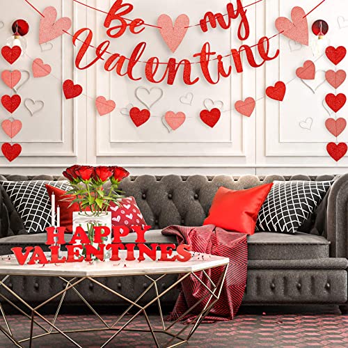 Image of Festiko Be My Valentine Banner & Heart Garland 3pcs Glitter Red Pink Happy Valentine's Day Large Pre-Assembled Holiday Banner Ornament for Wedding Engagement Party Home Decor