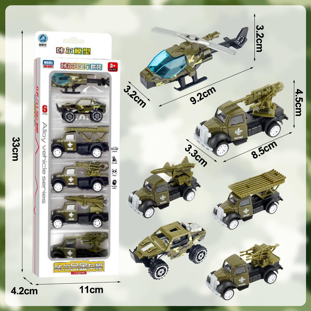 Jouet Militaire, 6PCS Militaire Jouet Voiture Miniature Véhicule Militaire Moulage sous Pression Véhicule de l'armée avec Tank Hélico Camion Militaire Jouet Voiture Modèles Cadeau pour Enfants 4 5 6 7
