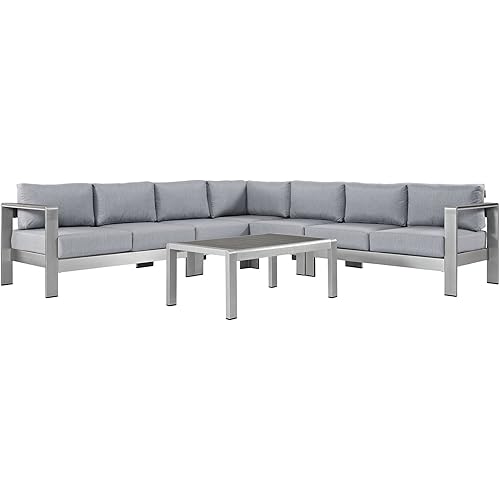 Modway Shore 6-Piece Aluminum Outdoor Patio Sectional Sofa Set in Silver Gray