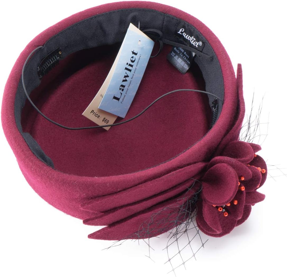 Lawliet Wine Red Women Fascinator Pillbox Felt Wool Hat Formal Dress Flower Veil A131