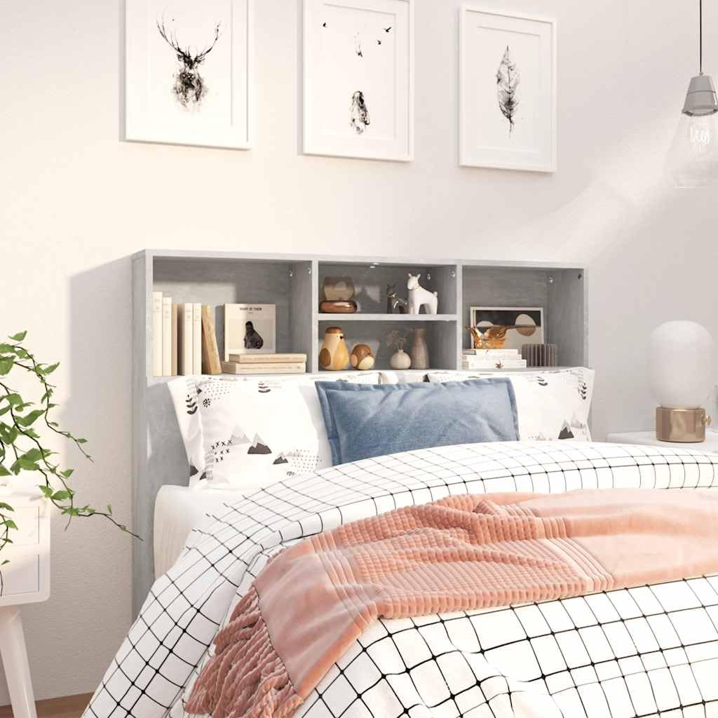Mueble cabecero Gris hormigón de Madera contrachapada 120x19x103,5 cm con 4 Compartimentos para Dormitorio Juvenil y hogar, Soporte de Pared para Lectura y Descanso
