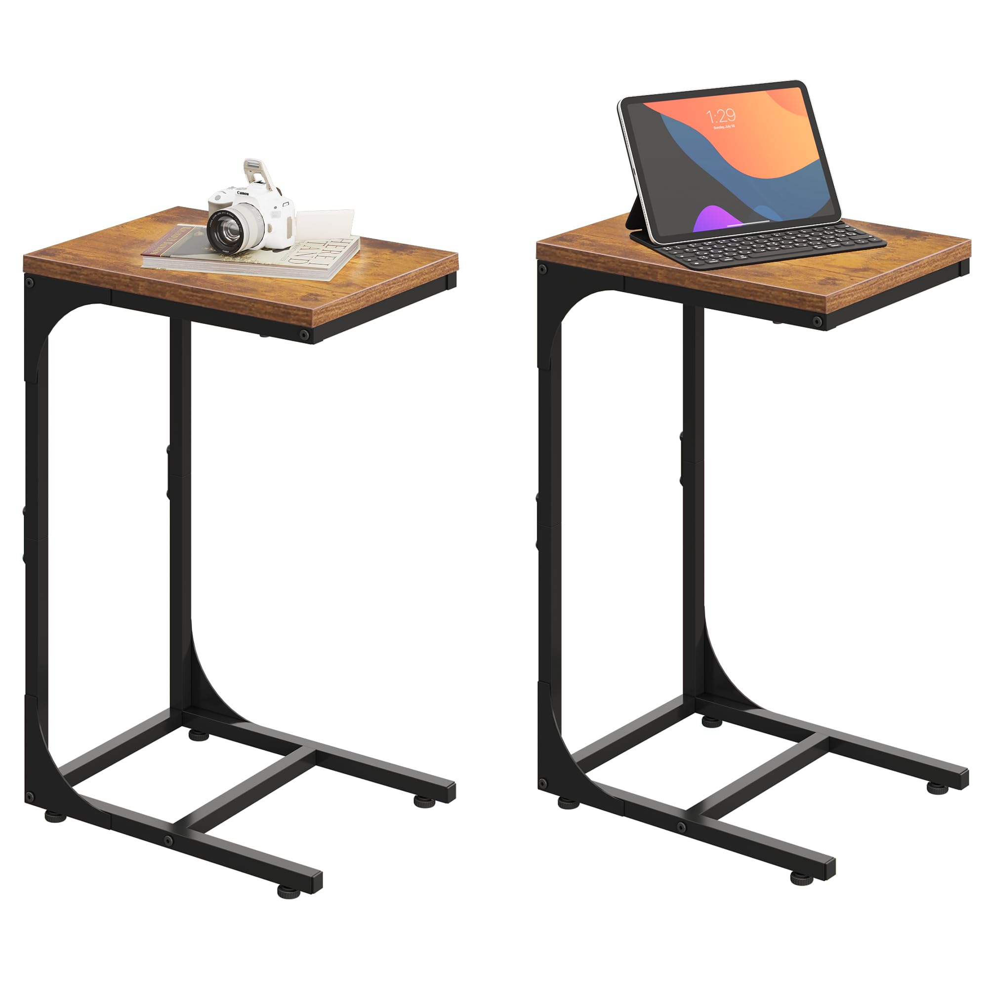 WLIVE C-Shaped End Table Set of 2, Small Couch Side Tables with Metal Frame, Sofa Table TV Tray for Living Room, Bedroom, Rustic Brown