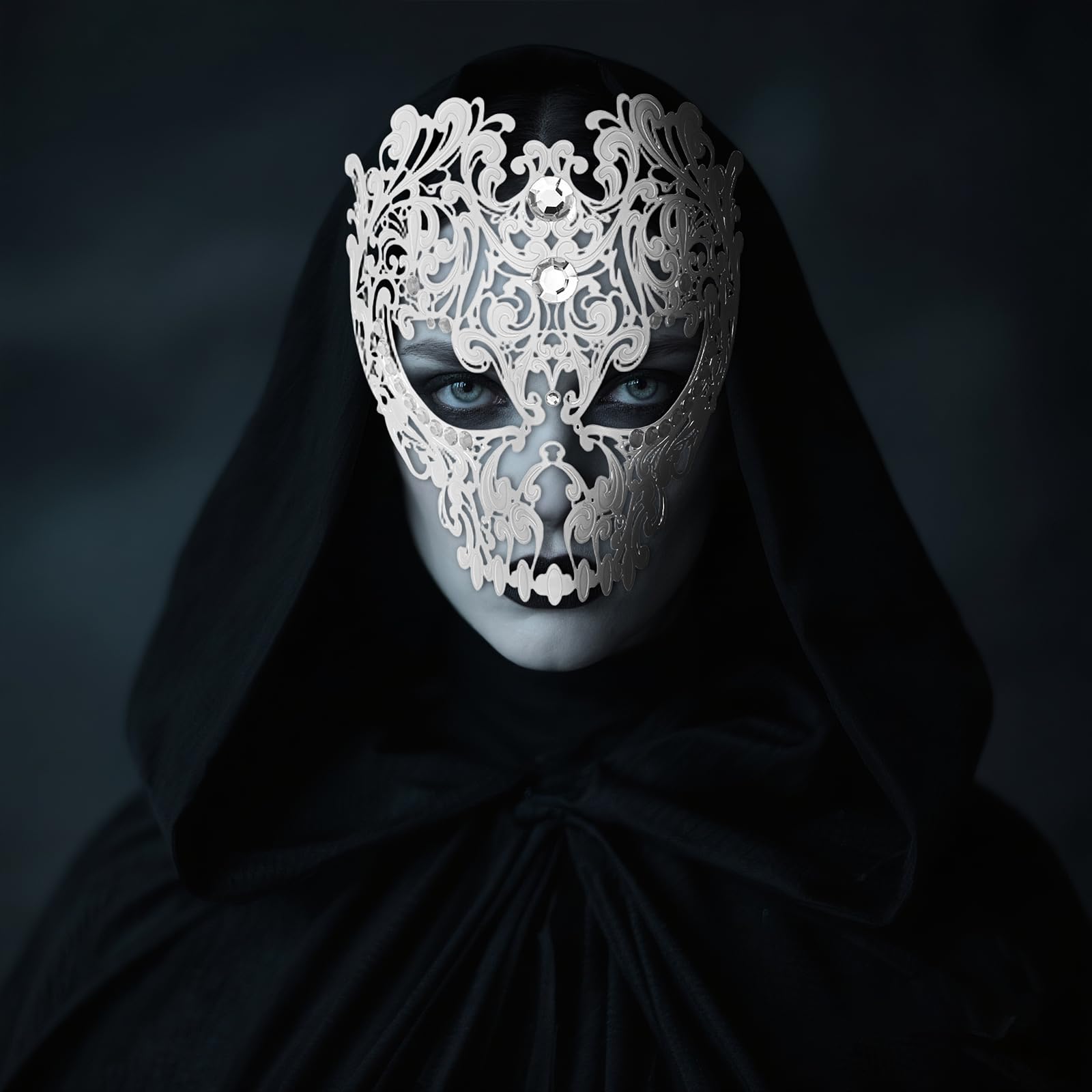 JewelryWe Masquerade Mask for Women: Halloween Metal Skeleton Mardi Gras Rhinestones Gothic Skull Masks for Cosplay Party - Image 3