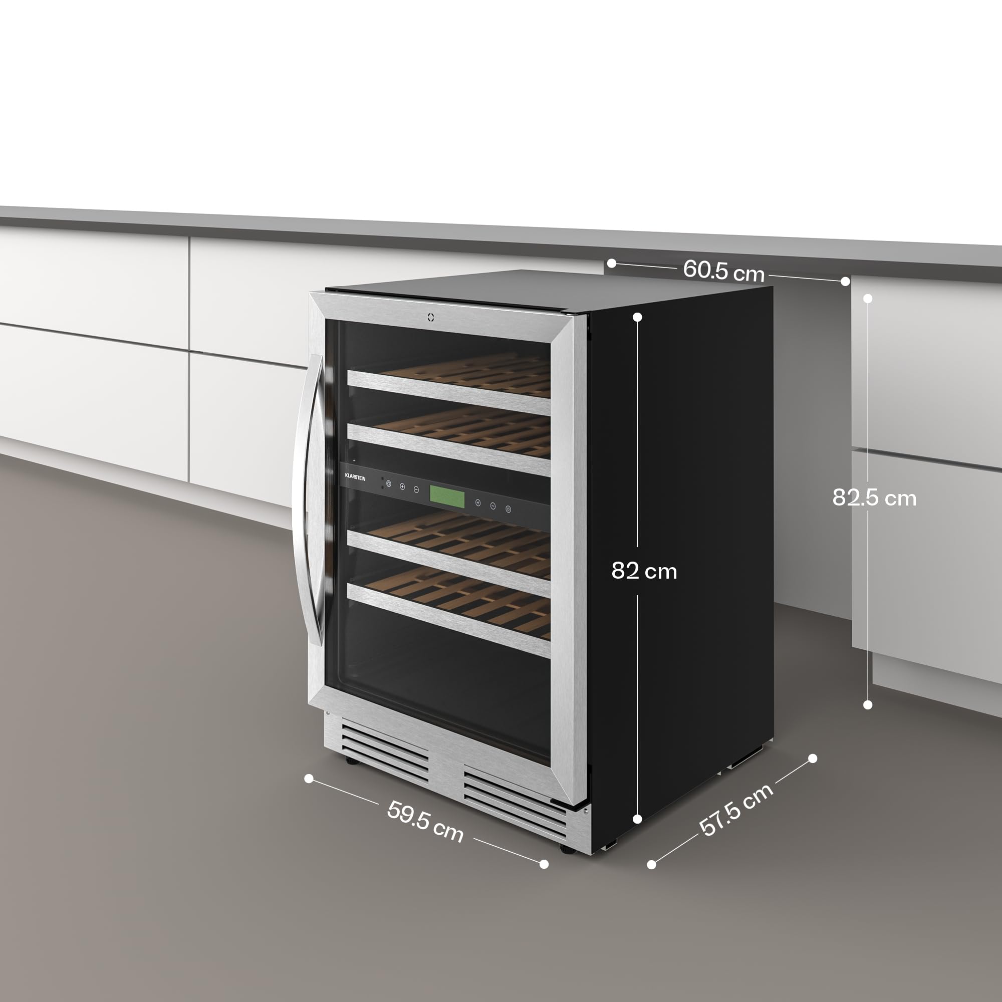 Klarstein VeroSteel Unterbau-Weinkühlschrank – Zweizonen-Weinkühlschrank für 43 Flaschen, UV-Glastür, Touch-Bedienfeld, ausziehbare, leicht zugängliche Holzregale