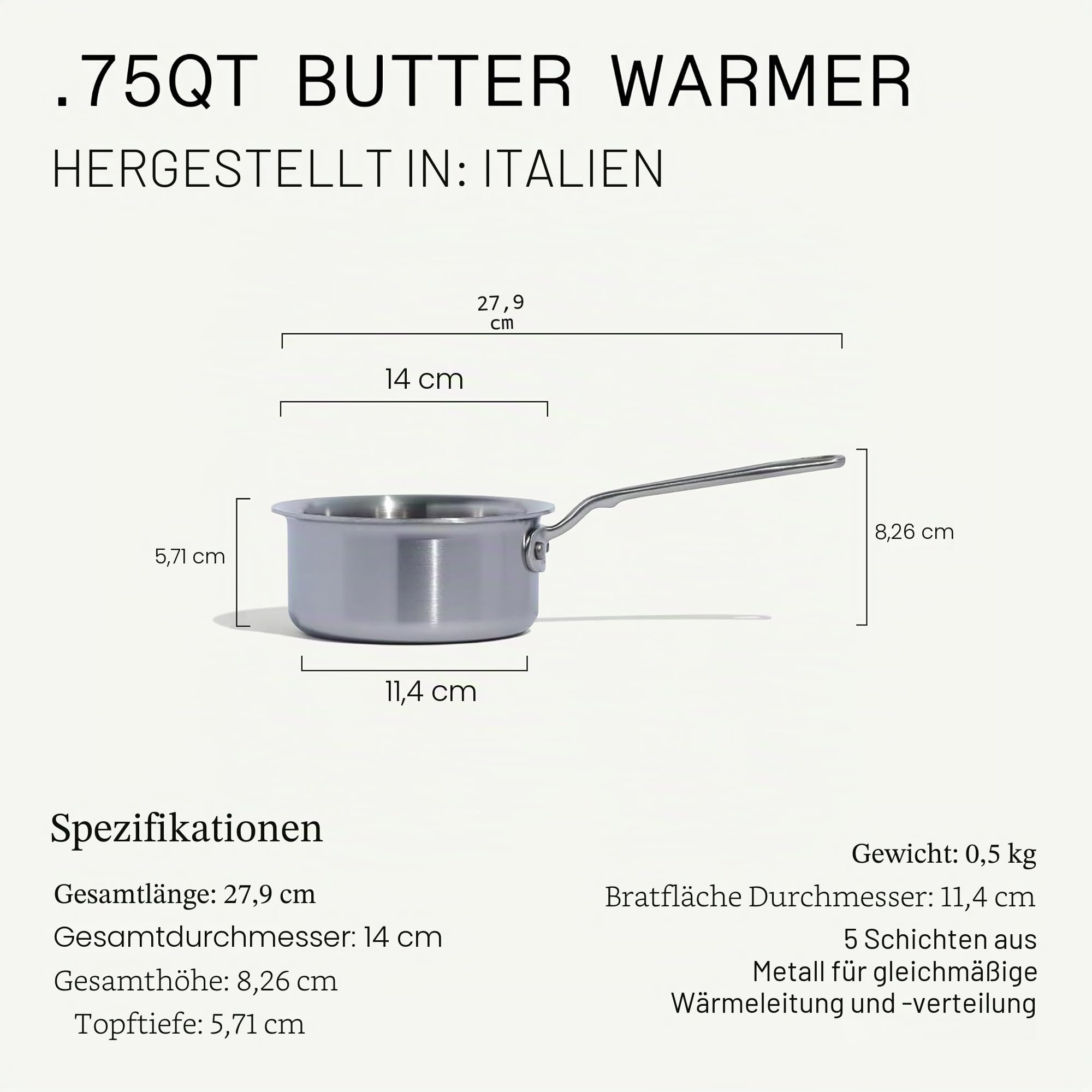 Made In Cookware – 3/4 Quart Edelstahl-Butterwärmer – 5-lagige Edelstahlverkleidung – Professionelles Kochgeschirr – Hergestellt in Italien – Induktionskompatibel