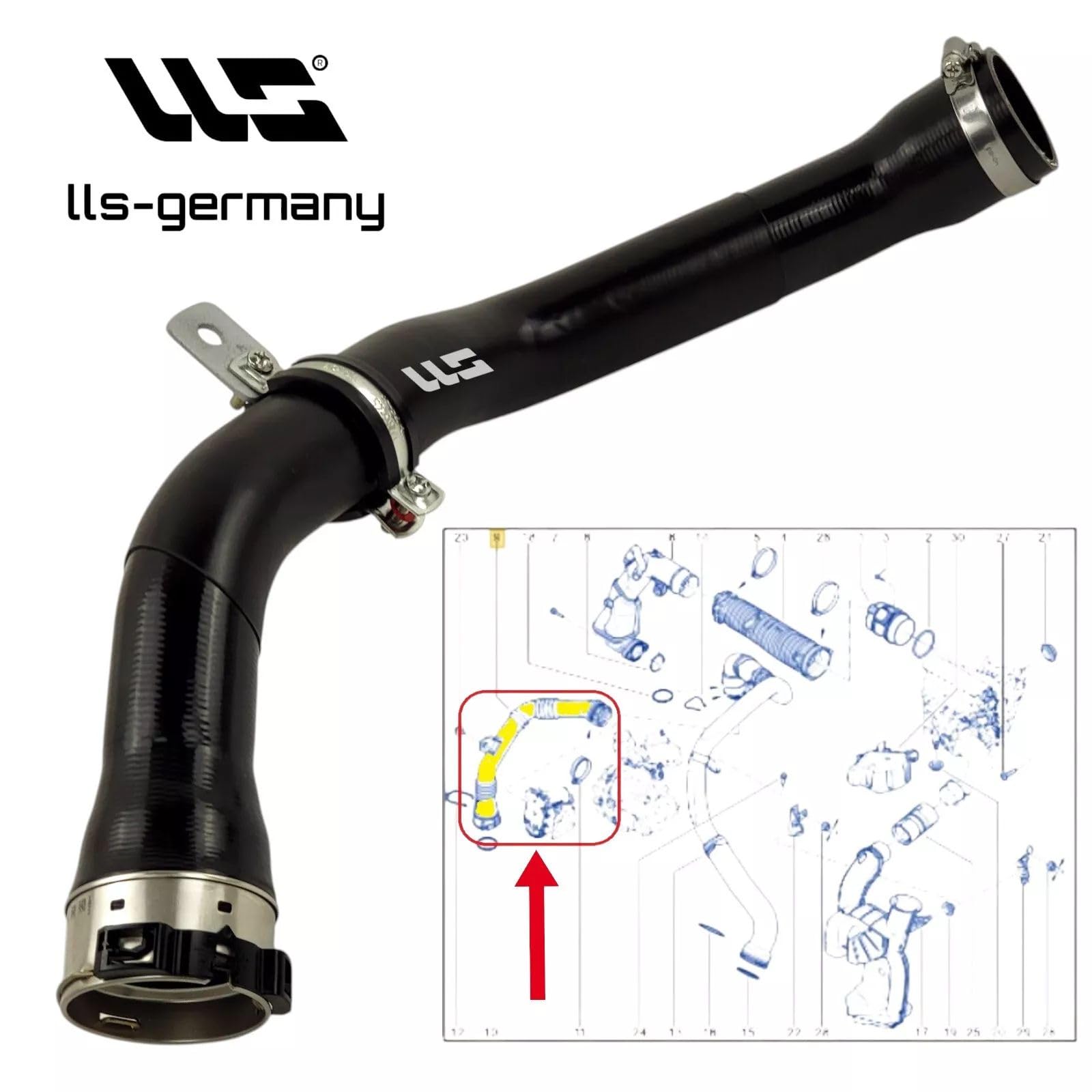 LLS-GERMANY Tuyau d'air de turbocompresseur compatible avec Grand Scénic III (JZ0/1) 2.0 dCi (2009/02-2016/09, 1995 cm³, 110-118 KW, 150-160 CV), OEM: 8200796570, raccordement HENN d'origine