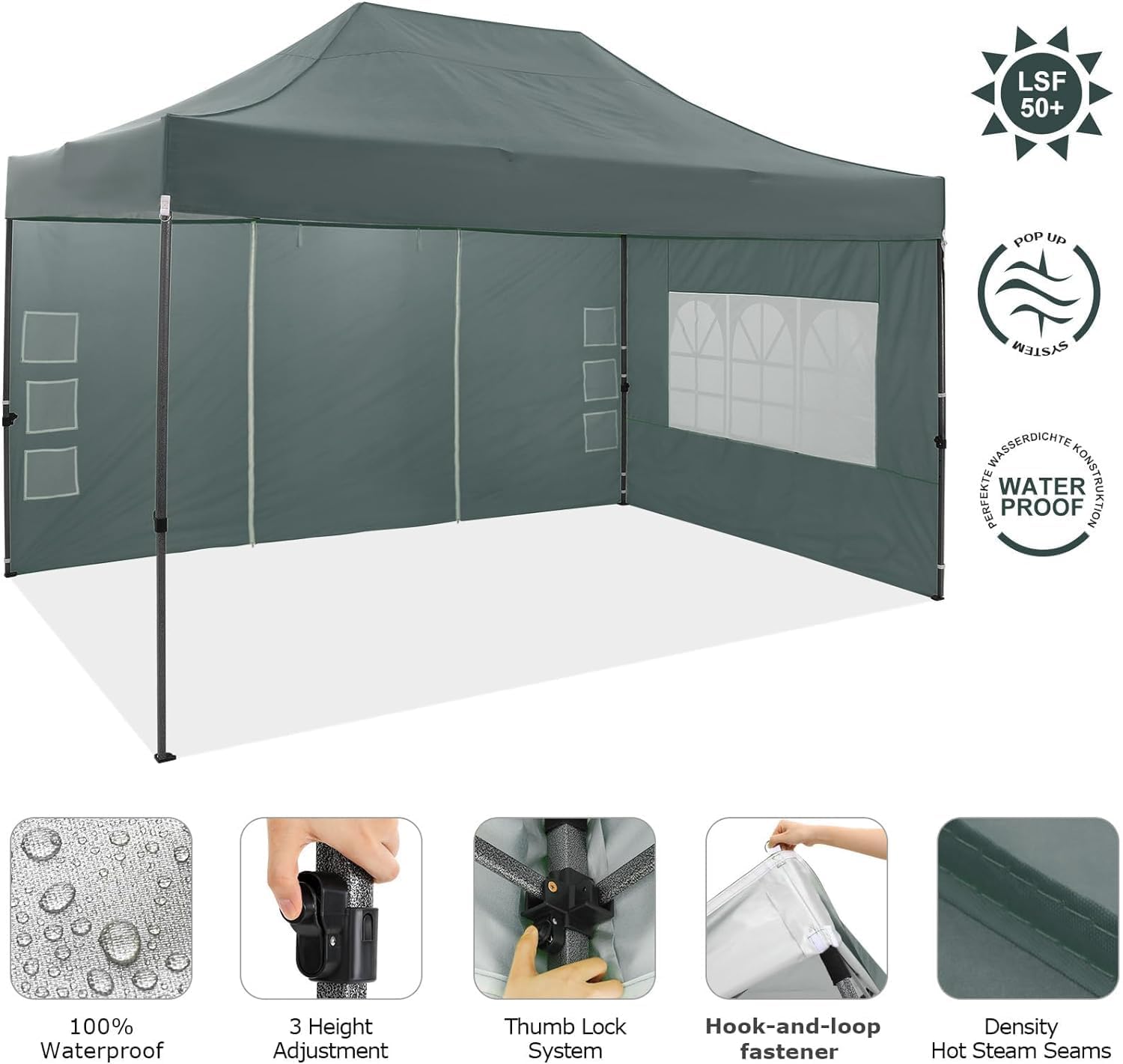 COBIZI Tonnelle Pliante 3x4.5 Tonnelle de Jardinavec 4 Panneaux Latéraux, étanche, Stable, Pliable, Extérieur, Protection UV 50+, Gris