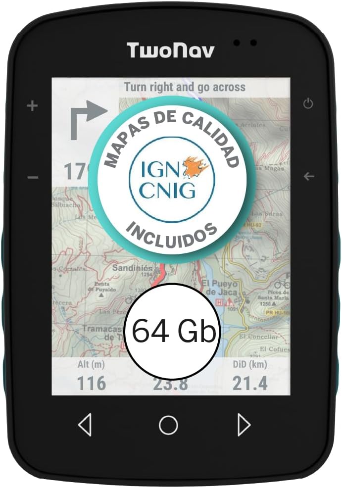 TwoNav Terra 64GB + Map Spain IGN Topo 125000 Installed GPS with Large Display 9.4 cm 3.7 Inch for Mountain Hiking MTB Bicycle