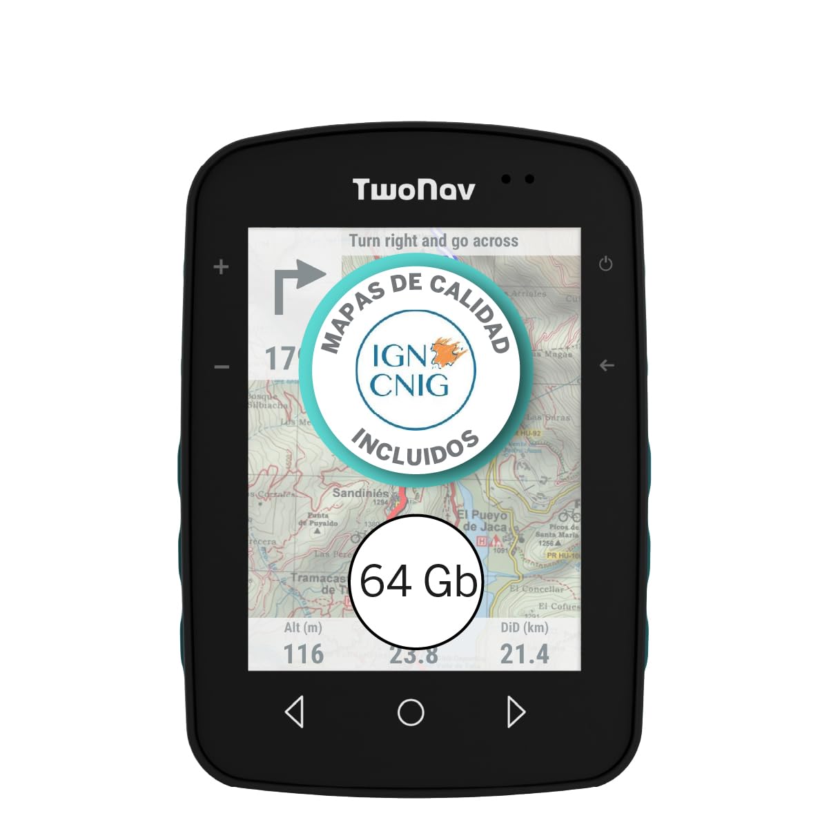 TwoNav Terra (64 GB) + Mapa Completo España IGN Topo 1:25.000 Instalado, GPS con Pantalla Amplia 3.7 Pulgadas para montaña, Senderismo, MTB, Bicicleta