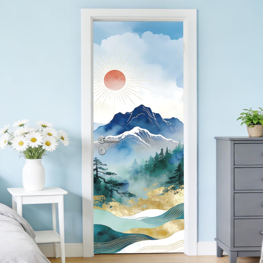 arricraft 2 Sheets Self-Adhesive Door Sticker, 80cmx200cm/31.5x78.7inch Green Mountain Yellow Sunshine Pattern Door Murals Stickers PVC Removable Wallpaper Decoration for Bedrooms ​Living Room