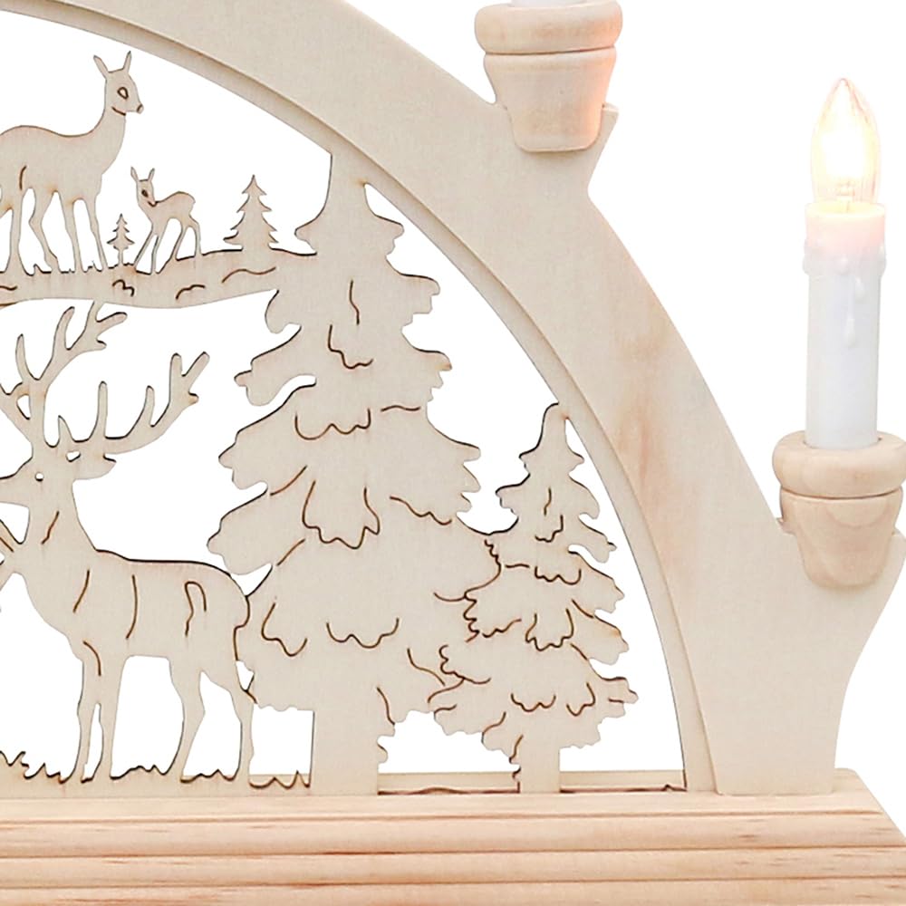 Wichtelstube-Kollektion Holz Schwibbogen Lichterbogen Waldkirche und Rehe 45cm Schwippbogen Weihnachten Weihnachtsbogen Schwibbogen Weihnachten 7 Kerzen 230V Anschluss