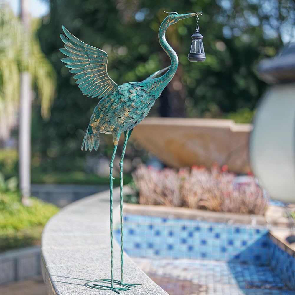DREAMSOUL Statua da giardino a forma di airone, alta 102 cm, statua a forma di uccello, statue solari per esterni, decorazione per patio, piscina, prato