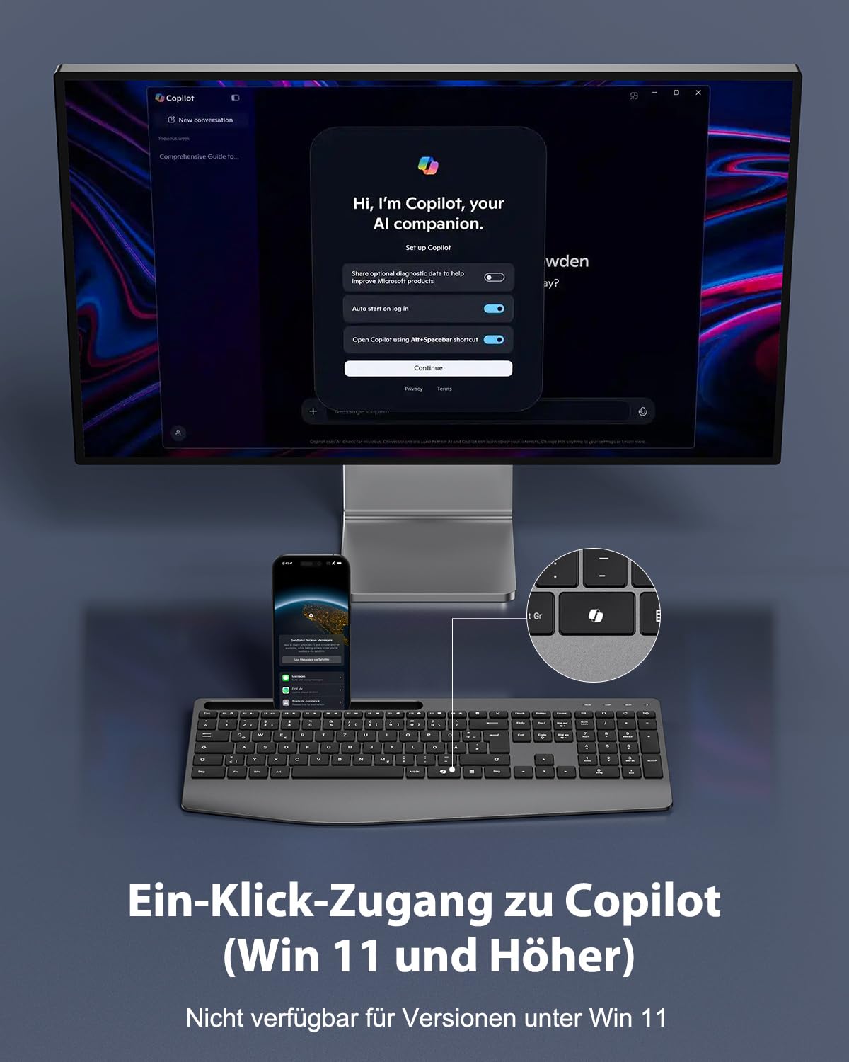 TECURS Wireless Keyboard with Wrist Rest, 2.4 GHz Ergonomic Keyboard QWERTZ with Copilot, Backlight, Quiet Rechargeable Wireless Keyboard for Windows, PC, Laptop - 3