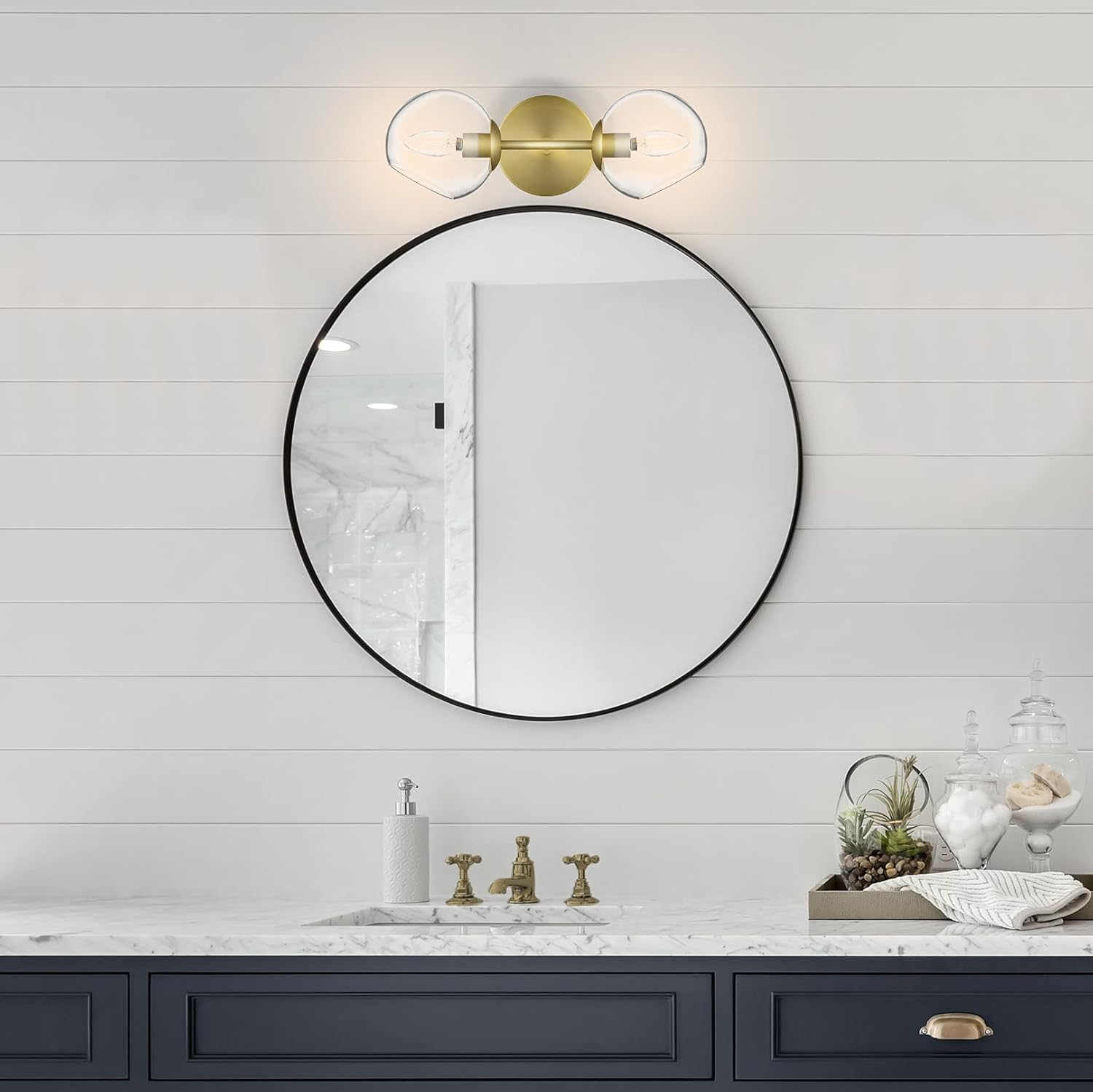 Linea di Liara Angolo Gold Wall Sconce Lighting Fixtures Modern 2-Light Bathroom Vanity Wall Light Fixture for Hallway Bedroom Wall Lighting Globe Wall Sconce, Clear Glass, UL Listed