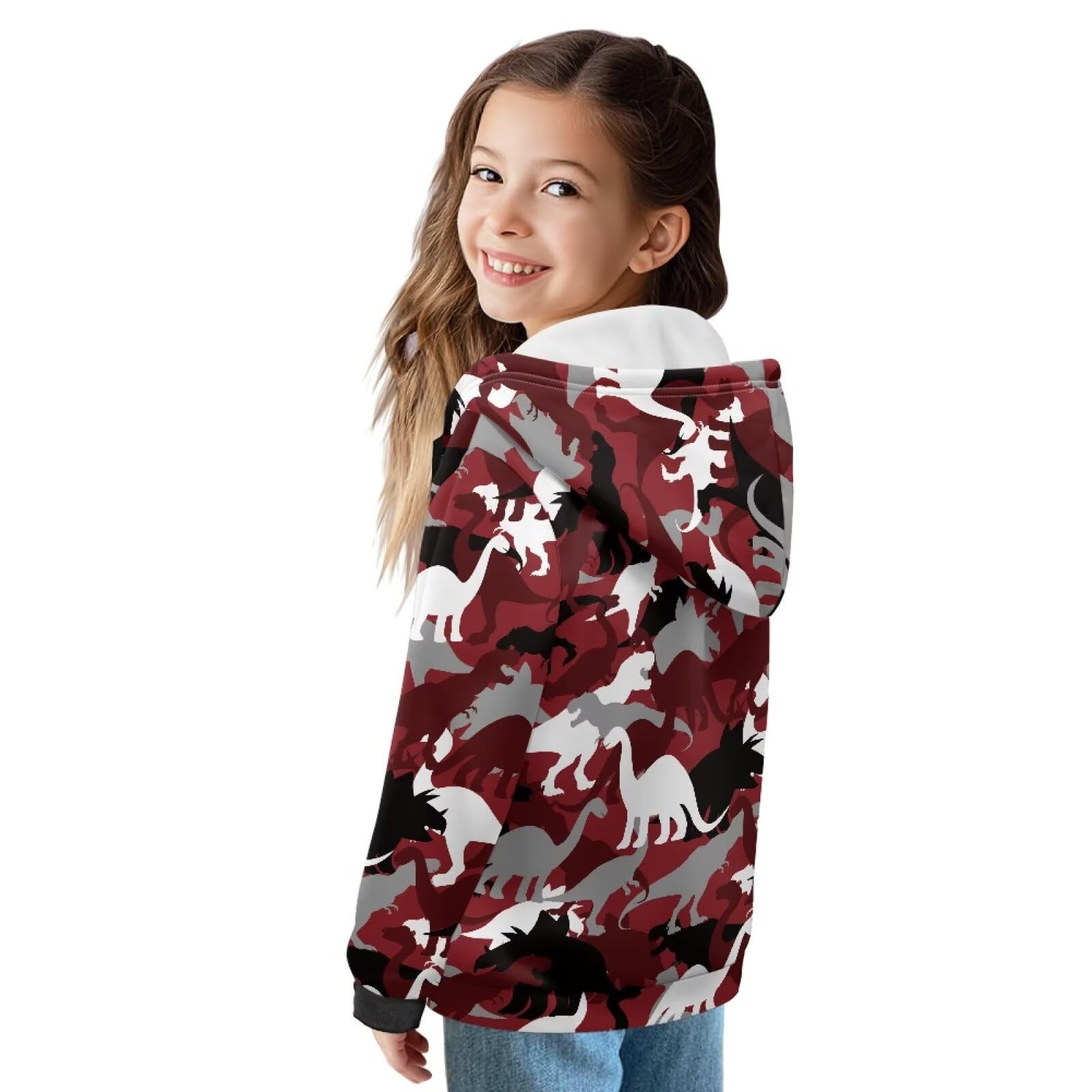Xoenoiee Dziecięce bluzy z kapturem dla chłopców, zapinana na zamek, bluza 3D, fajna grafika zwierzęca, sweter z długim rękawem, top na jesień i zimę, Czerwone abstrakcyjne dinozaury, 12-14 Years